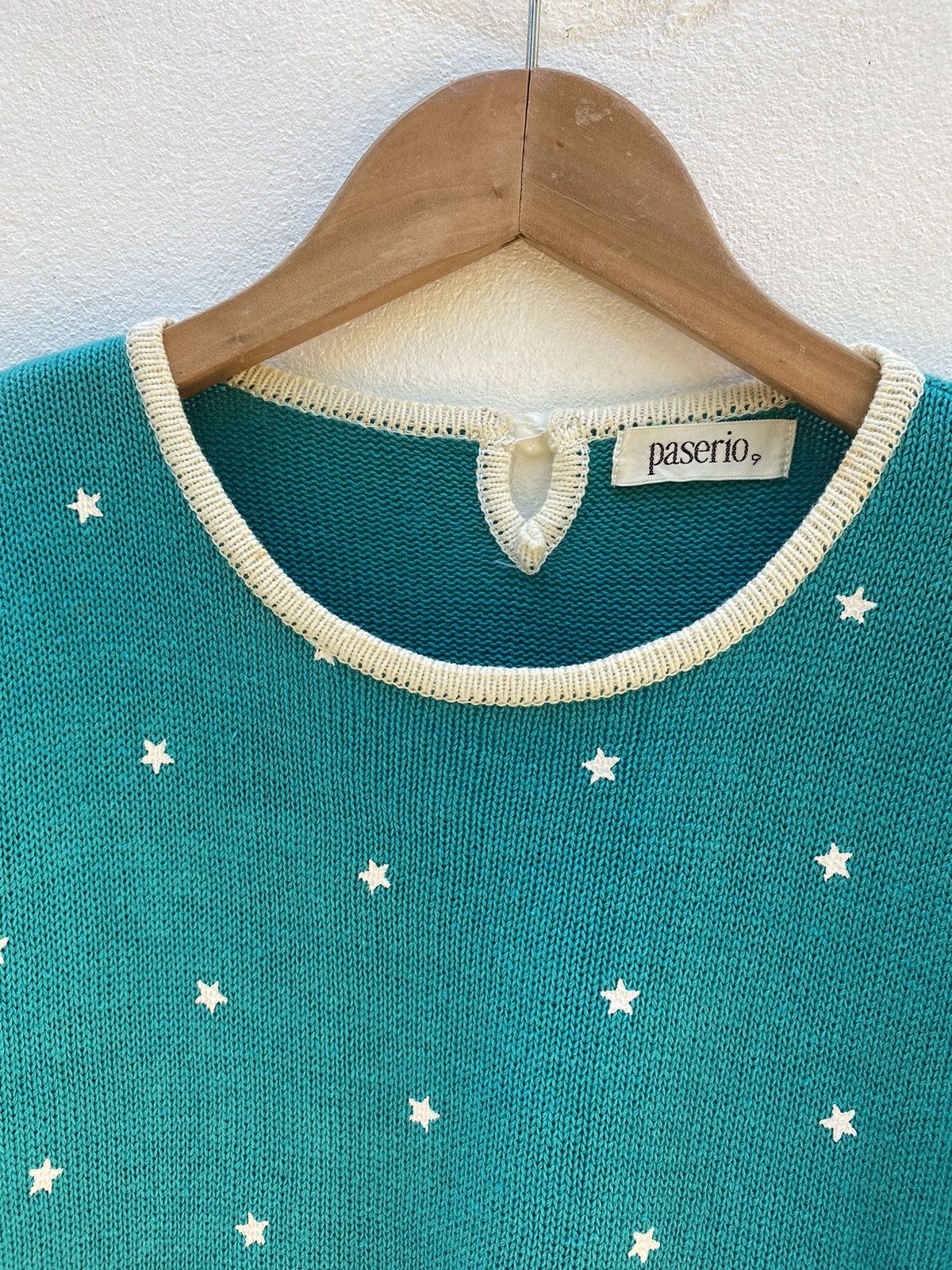 Vintage Paserio Teal Puff Sleeve Knit Top with Star Pattern Size S / US 4 / IT 40 - 3 Thumbnail