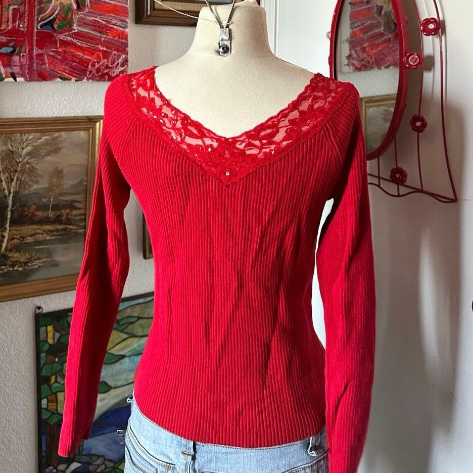 Other inspire one step up red ribbed lace long sleeve top Size L / US 10 / IT 46 - 3 Thumbnail