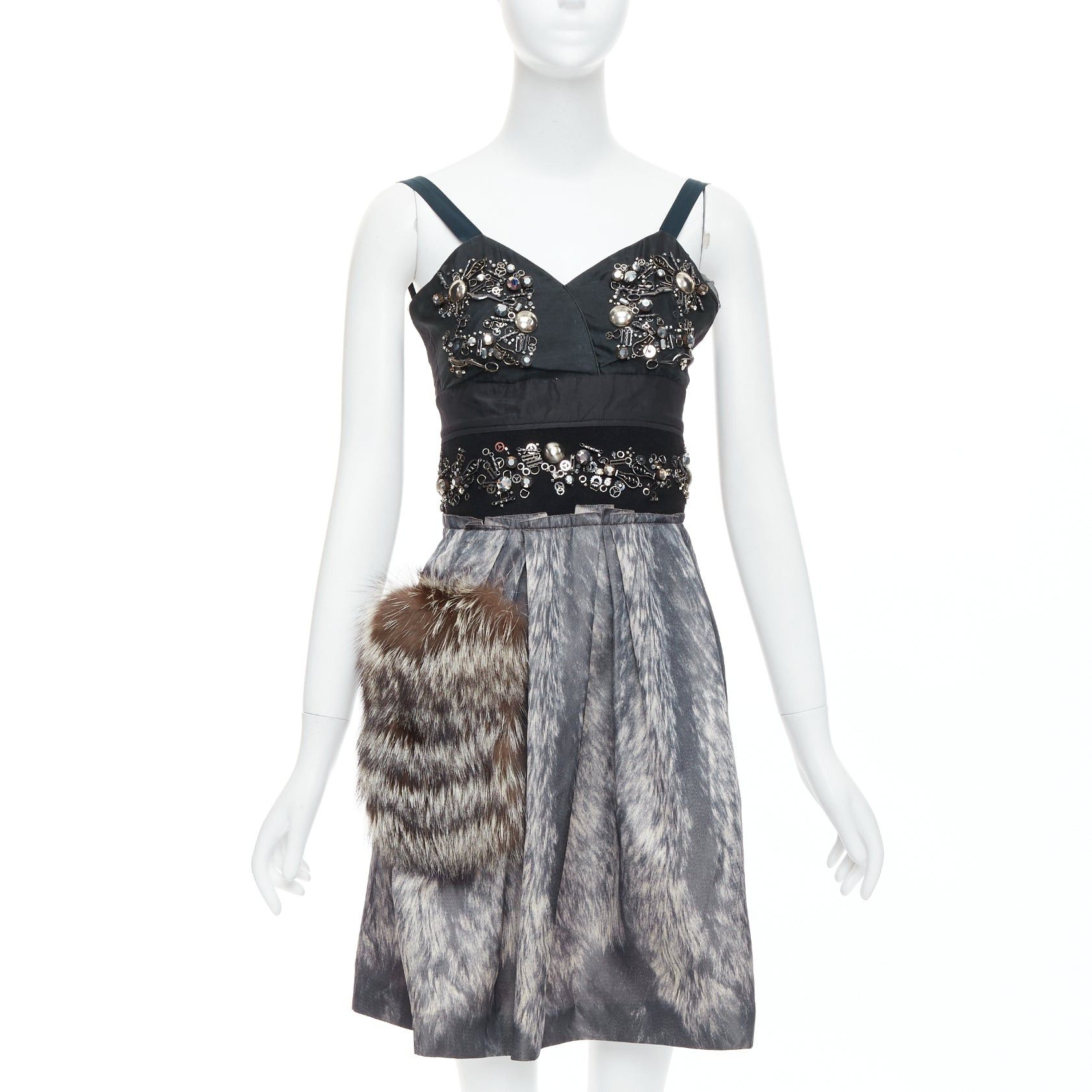 Prada rare PRADA 2006 Runway grey silk fur bolts embellished dress IT40 S Size S / US 4 / IT 40 - 1 Thumbnail