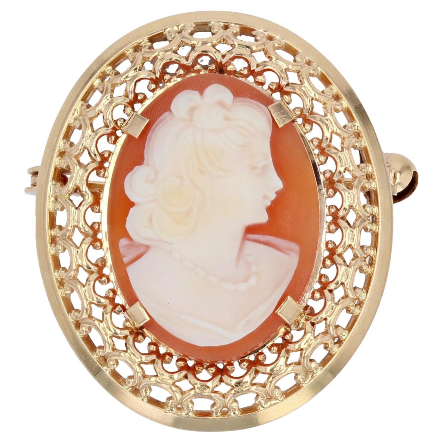 image of Vintage French 1960S Cameo 18 Karat Yellow Gold Openwork Pendant Brooch, Women's
