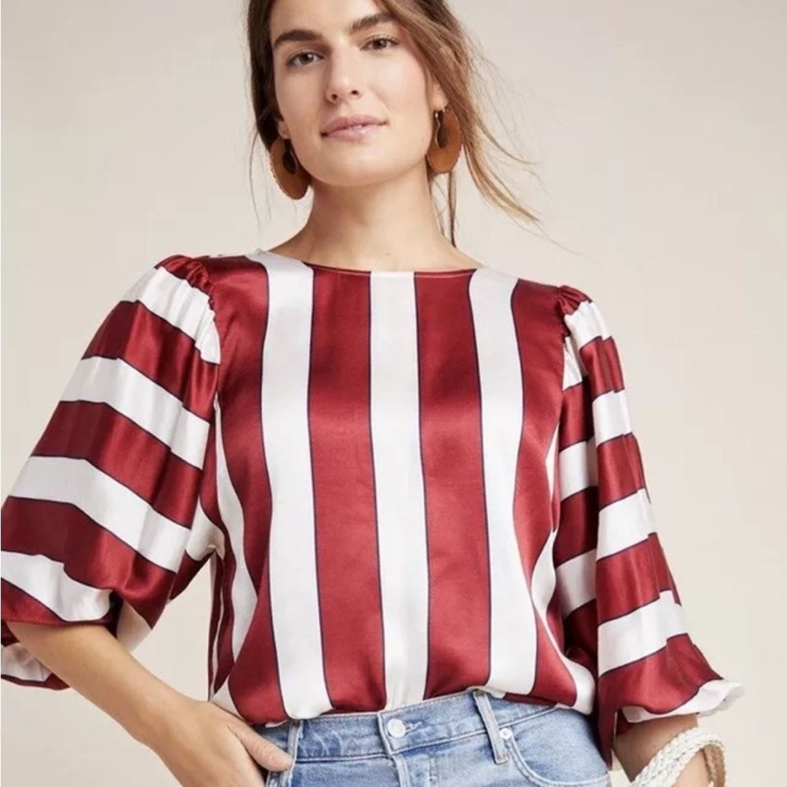 Anthropologie Anthropologie Maeve Maria Striped Blouse Top Puff Sleeve 10 Size L / US 10 / IT 46 - 4 Thumbnail
