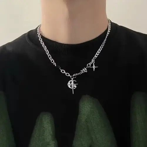 Jewelry Cross Chrome Crescent Moon Chain Silver Goth Vibe Necklace Size ONE SIZE - 3 Thumbnail