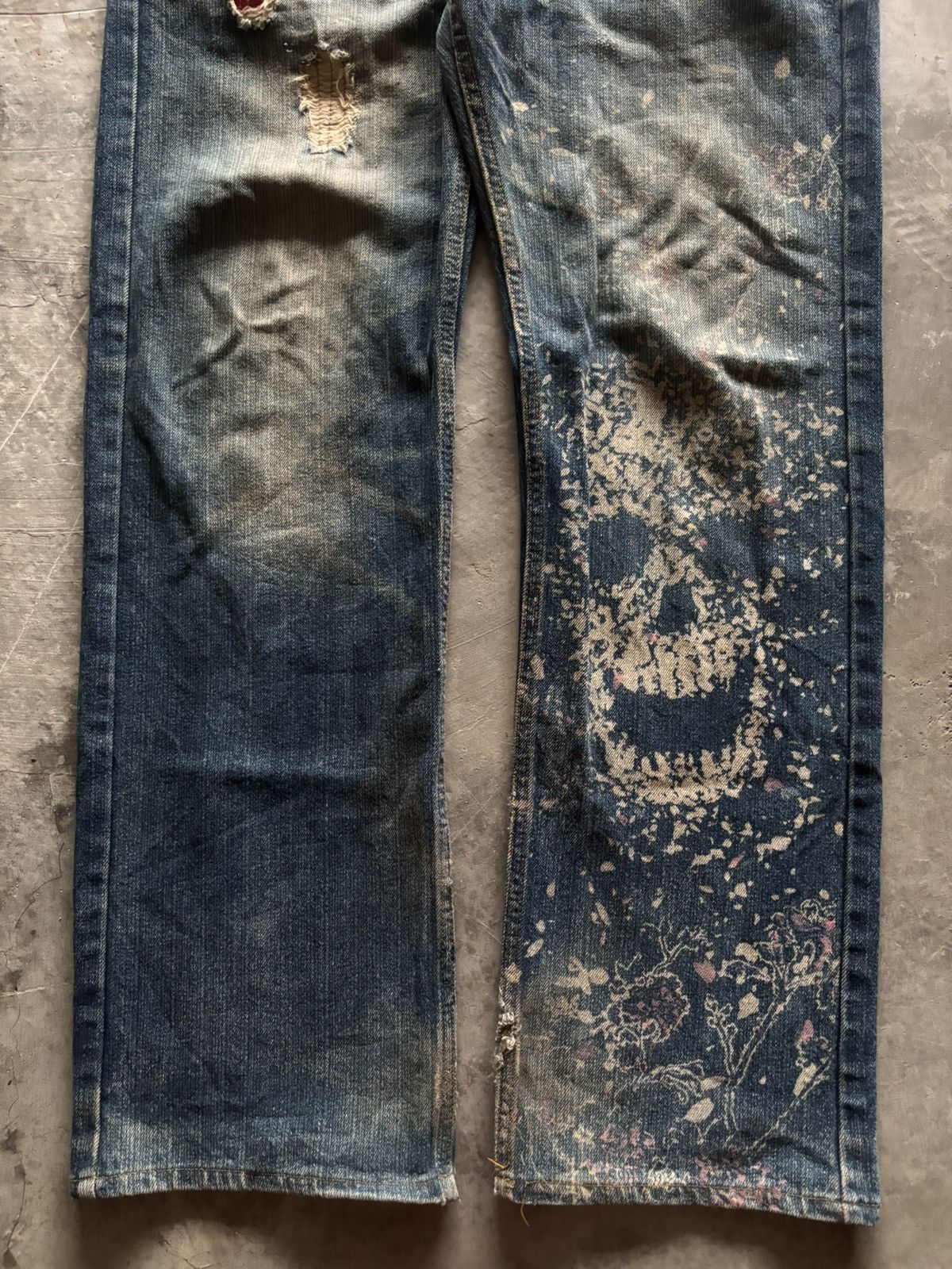 Karakuri Tamashii DOUBLE WAIST DISTRESSED BUDEN JAPANESE DENIM SKULL SUKAJAN Size US 35 - 12 Thumbnail
