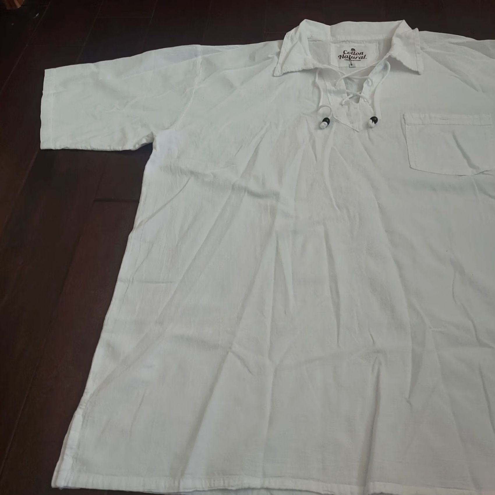 Vintage Cotton Natural Men's White Short Sleeve T-Shirt Front Pocket Drawstrings Beads 3XL Hawaiian Solid Shirt Mens Size US XXL / EU 58 / 5 - 4 Thumbnail
