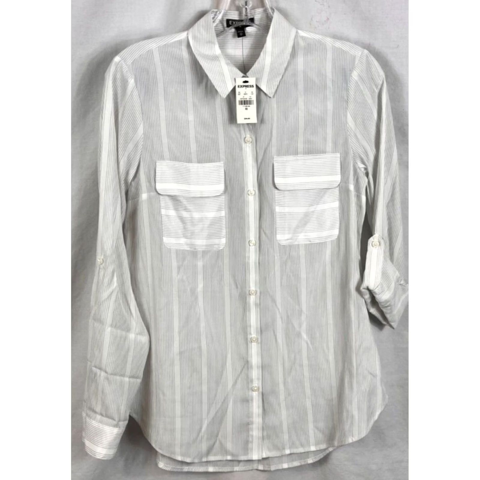 Express Express Womens Button Up Blouse shirt Striped Long sleeve Pockets Dragon stripe XS Size XS / US 0-2 / IT 36-38 - 2 Thumbnail