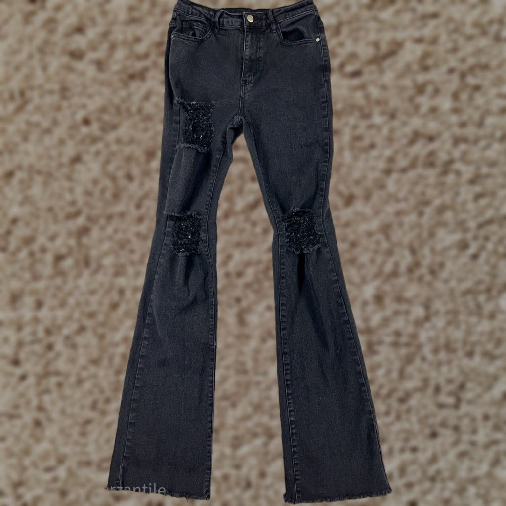 Shein VINTAGE SheIn Pants Womens Small Black Denim Jeans Distressed Flare Cotton Blend Stretch Size 28" / US 6 / IT 42 - 1 Thumbnail