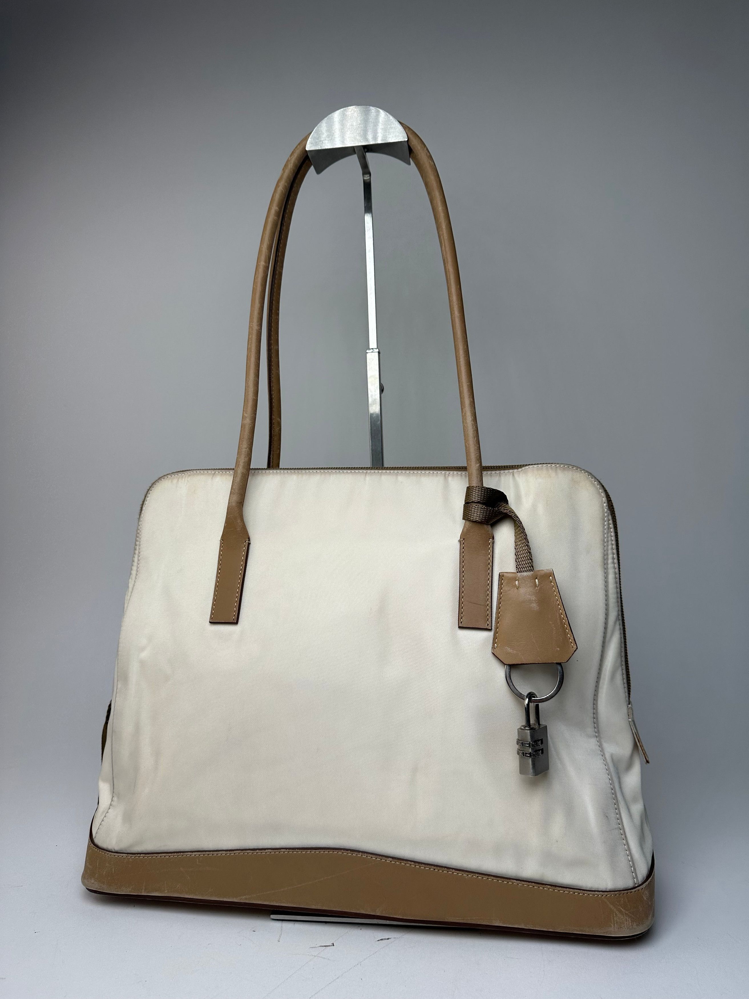 Prada Vintage Polyester / Leather Handbag White Brown Size ONE SIZE - 1 Thumbnail