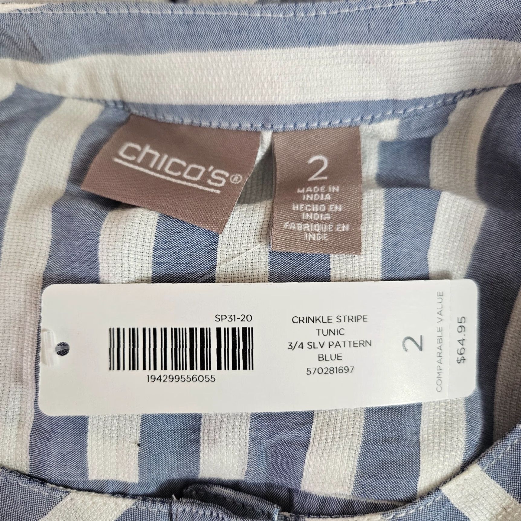 Vintage VINTAGE Chico's Womens Crinkle Stripe Tunic Sz Large Blue White 3/4 Sleeve Viscose Blend Size L / US 10 / IT 46 - 5 Thumbnail