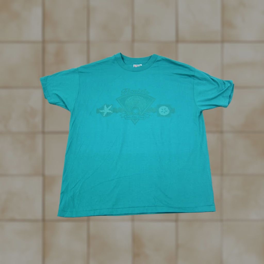 Hanes VINTAGE Hanes Shirt XL Mens Blue 90s USA Short Sleeve Crew Neck Cotton T-Shirt Small Print 80s Theme Florida Sunshine Size US XL / EU 56 / 4 - 1 Thumbnail