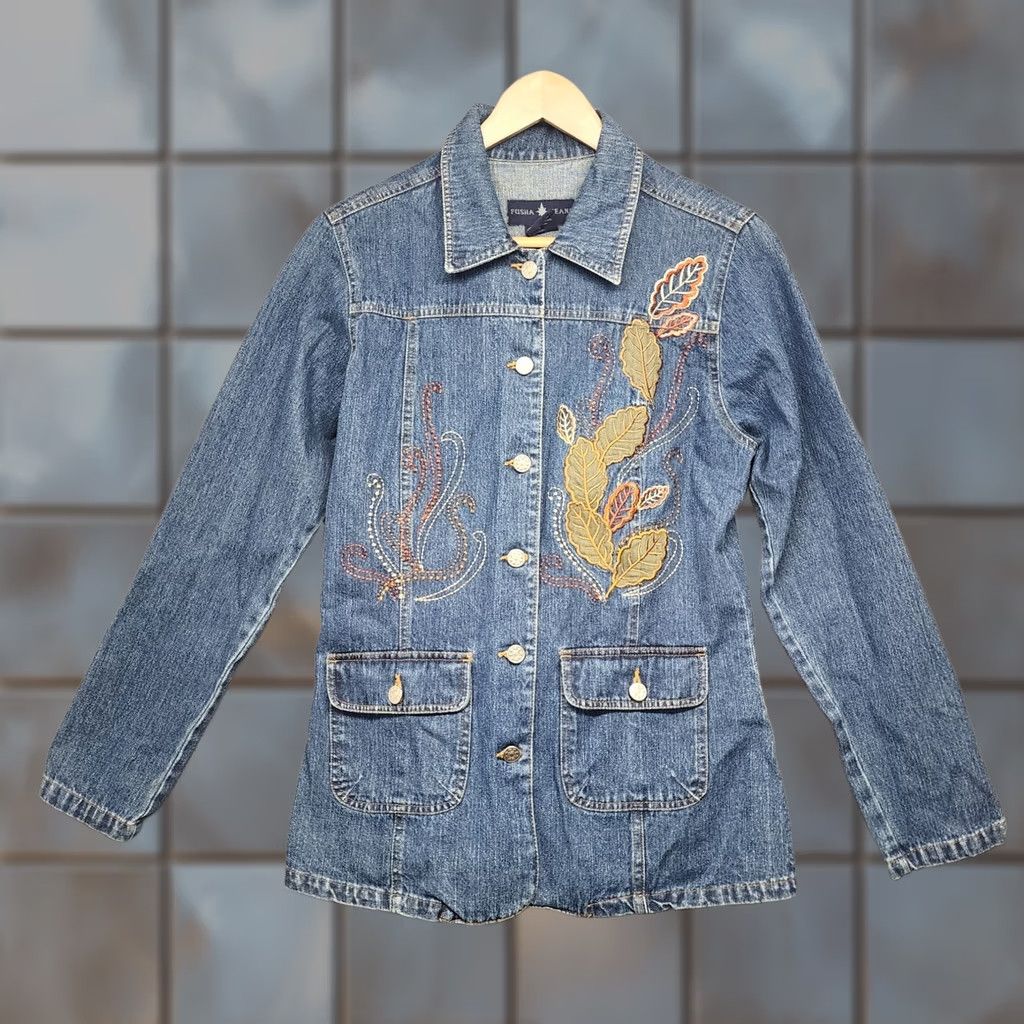 Denime Womens Denim Shirt Jacket Medium Blue Leaves Applique Embroidered Boho Artsy Shirt Woman M Blue Floral Long Sleeve Button-Up Mens? Size M / US 6-8 / IT 42-44 - 1 Thumbnail