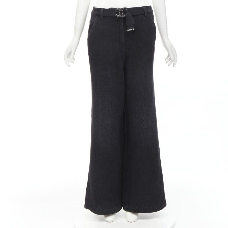 Chanel CHANEL Runway cotton black CC chain buckle belt wide leg bell bottom pants FR38 M Size 28" / US 6 / IT 42 - 1 Thumbnail