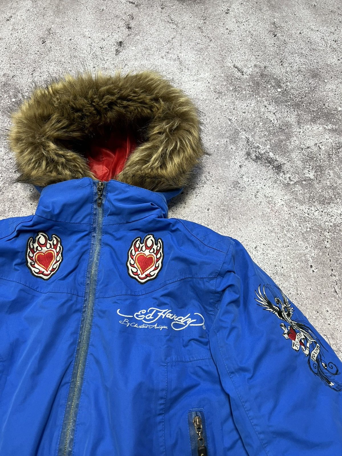 Ed Hardy Ed Hardy by Christian Audigier Embroidered Fur Bomber Jacket Size M / US 6-8 / IT 42-44 - 7 Thumbnail