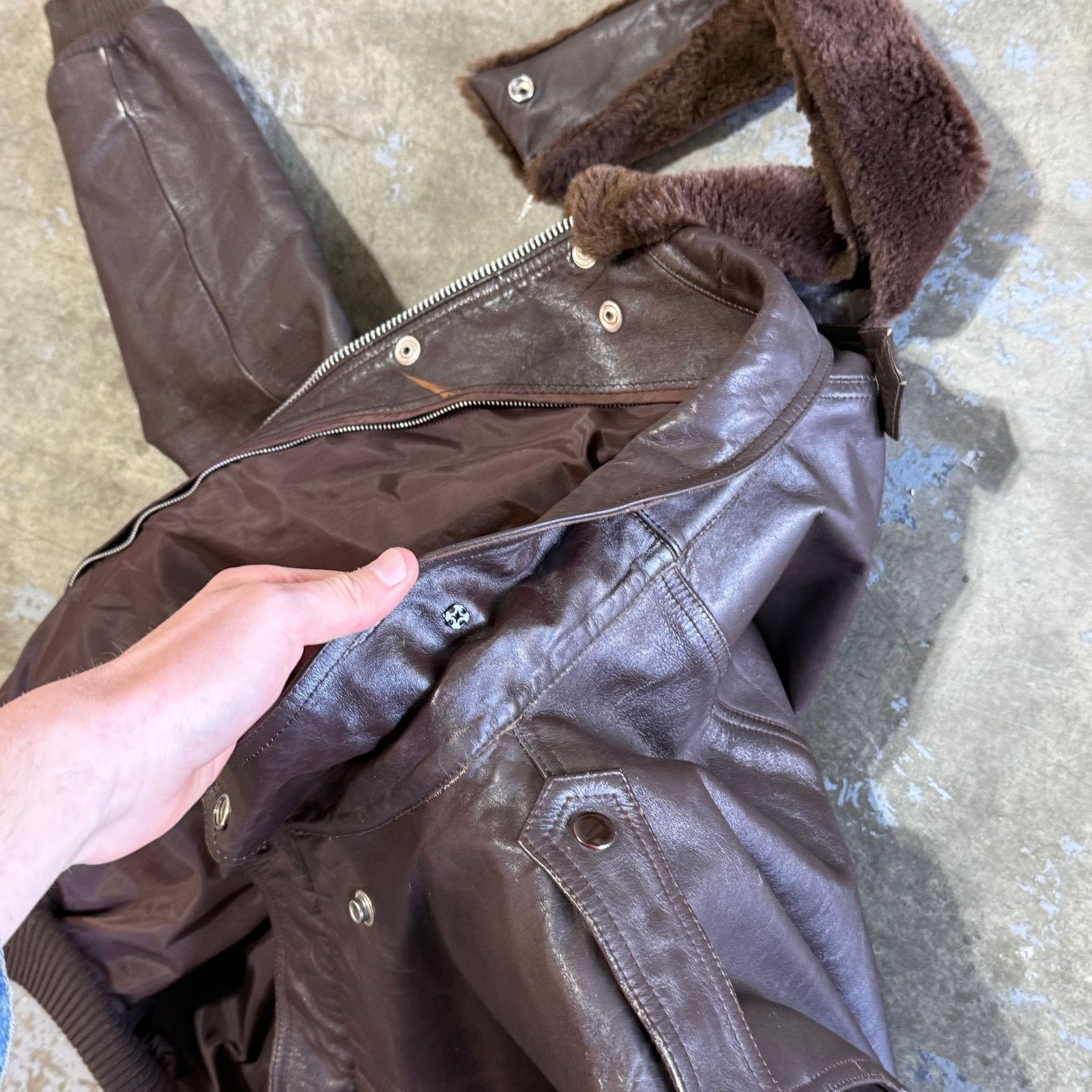 Vintage 50s Brown Leather Flight Jacket HDK Zipper Mouton Collar Size US L / EU 52-54 / 3 - 9 Thumbnail