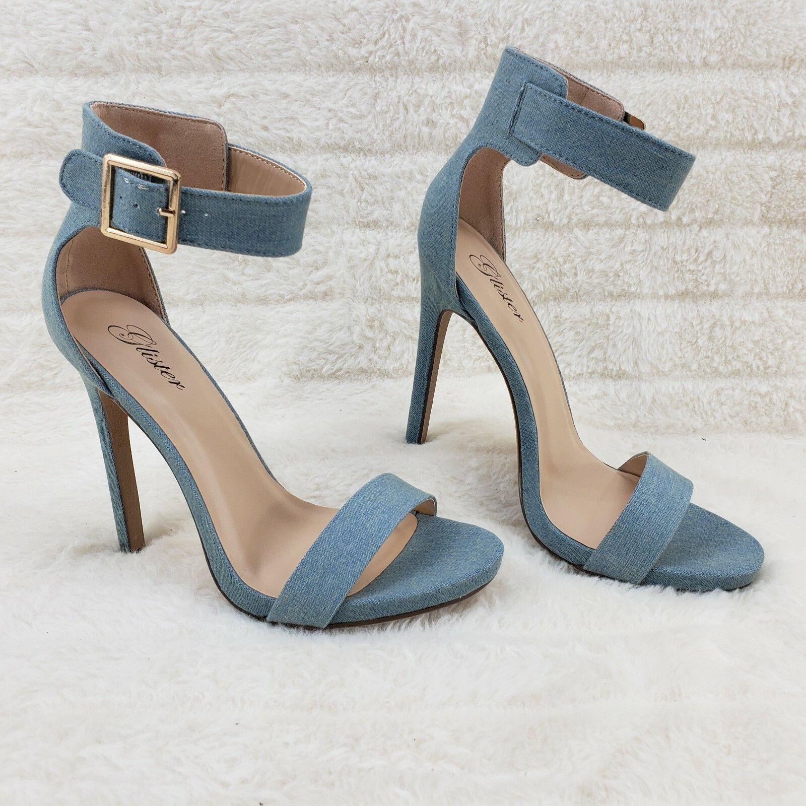 Other Sexy Light Blue Denim Ankle Strap 4.5" High Heel Shoes Heels Size US 6 / IT 36 - 2 Thumbnail