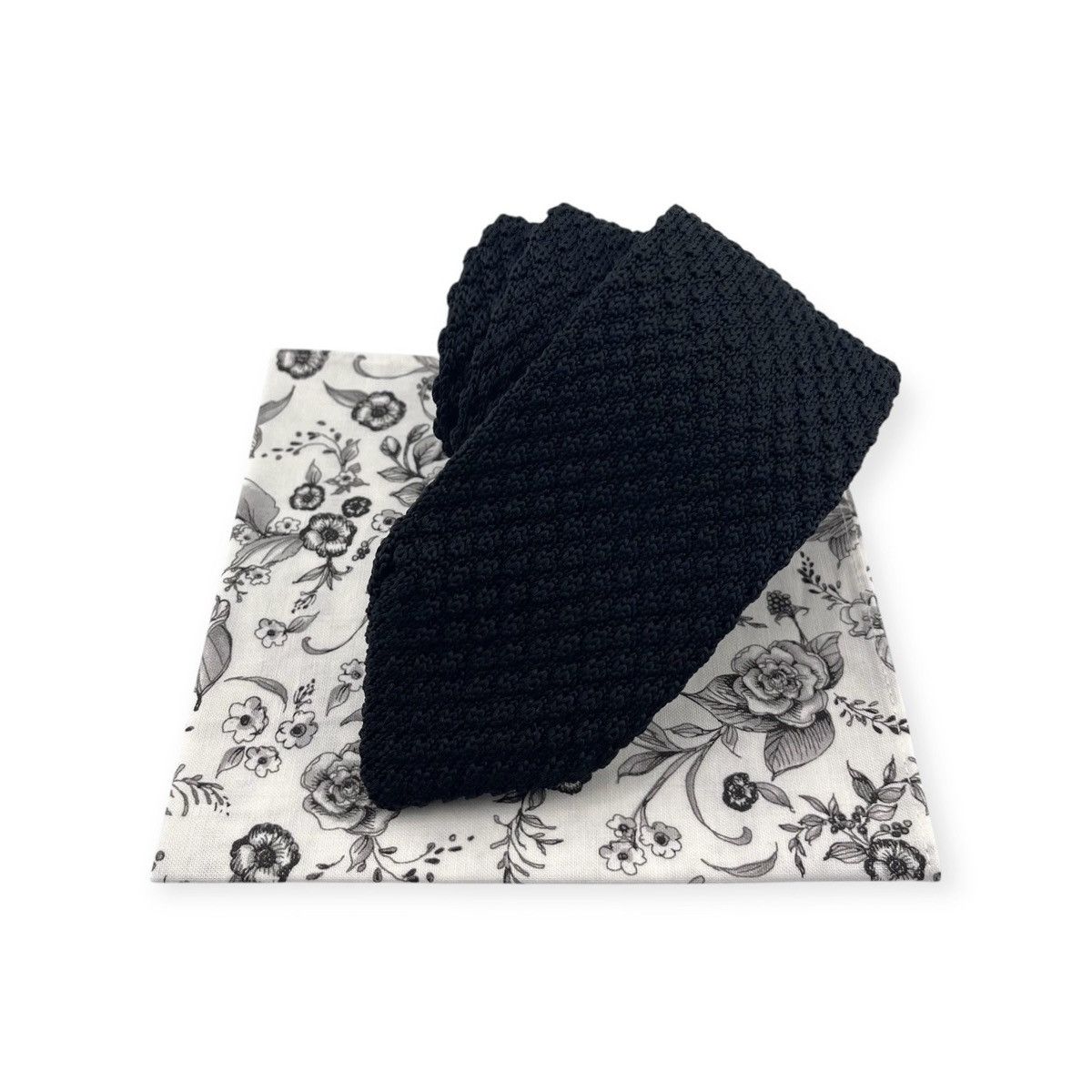 Other Men’s Black Knit Necktie & White Floral Pocket Square Size ONE SIZE - 1 Thumbnail