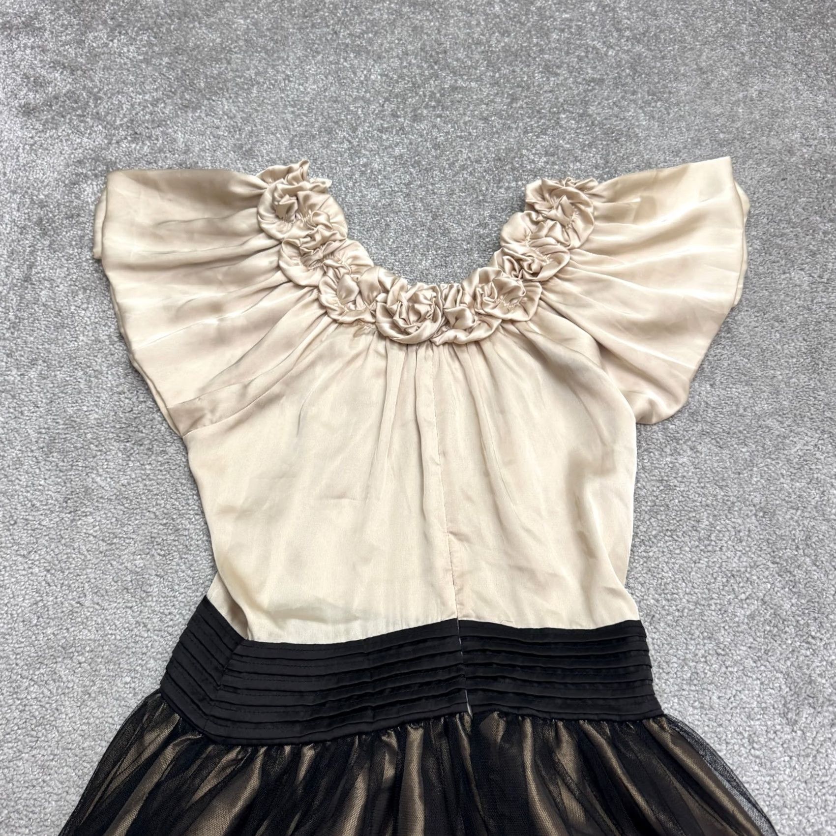 Vintage Ryu A-Line Dress Womens Medium Champagne Bronze Beige Satin Rosette Ruffle Tulle Size M / US 6-8 / IT 42-44 - 3 Thumbnail