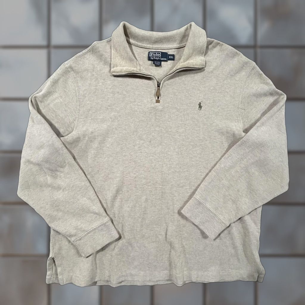Polo Ralph Lauren VINTAGE Polo Ralph Lauren 1/4 Zip Pullover Sweater Mens XXL Beige 90s Polo Pony Logo Knit Mock Neck Cotton Sweatshirt Size US XXL / EU 58 / 5 - 1 Thumbnail
