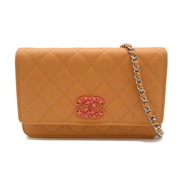 image of Chanel Cc Quilted Caviar Wallet On Chain in Orange, Women's