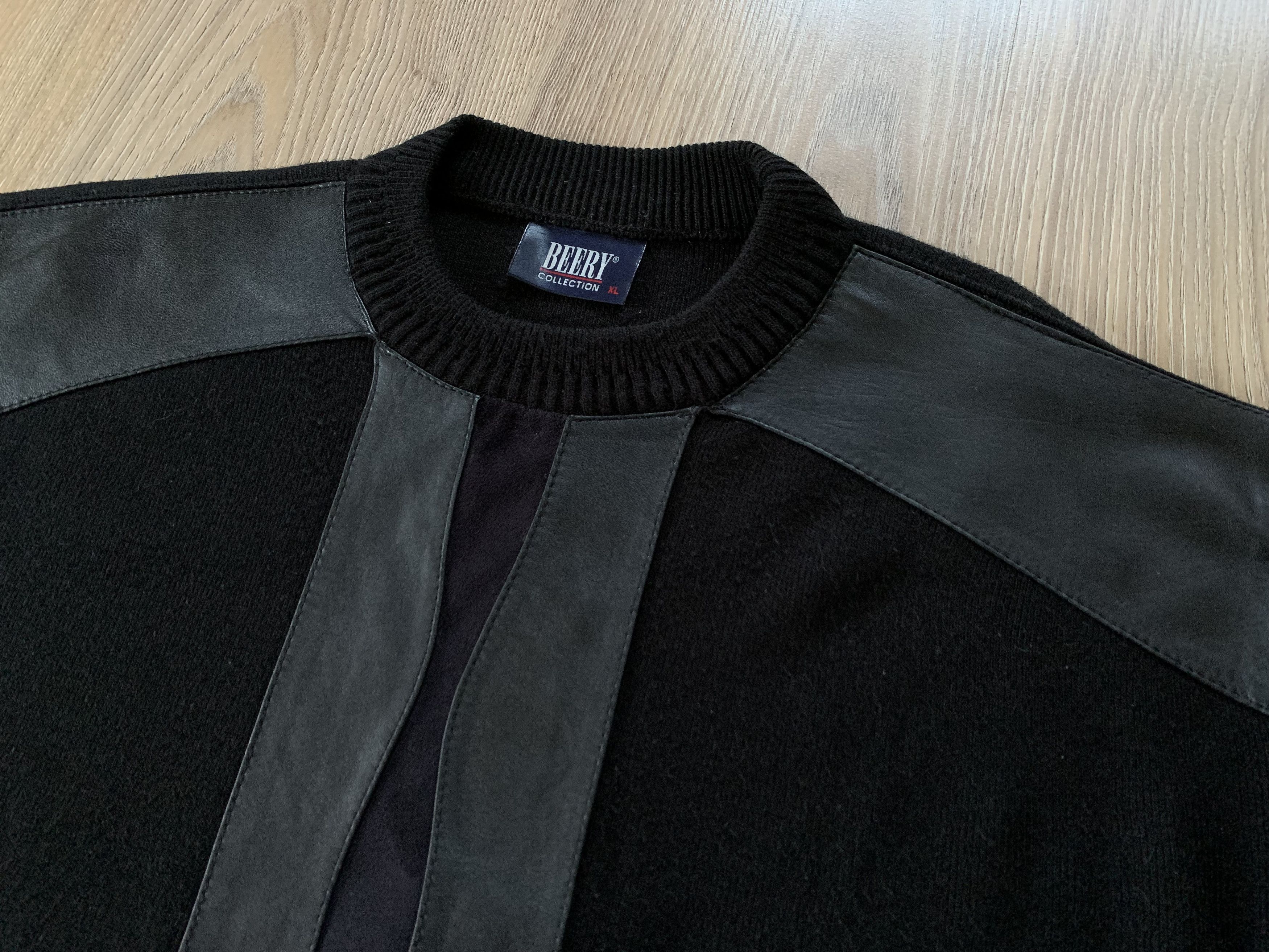Vintage Beery Collection Black Combined Sweatshirt Leather Wool Size US L / EU 52-54 / 3 - 4 Thumbnail