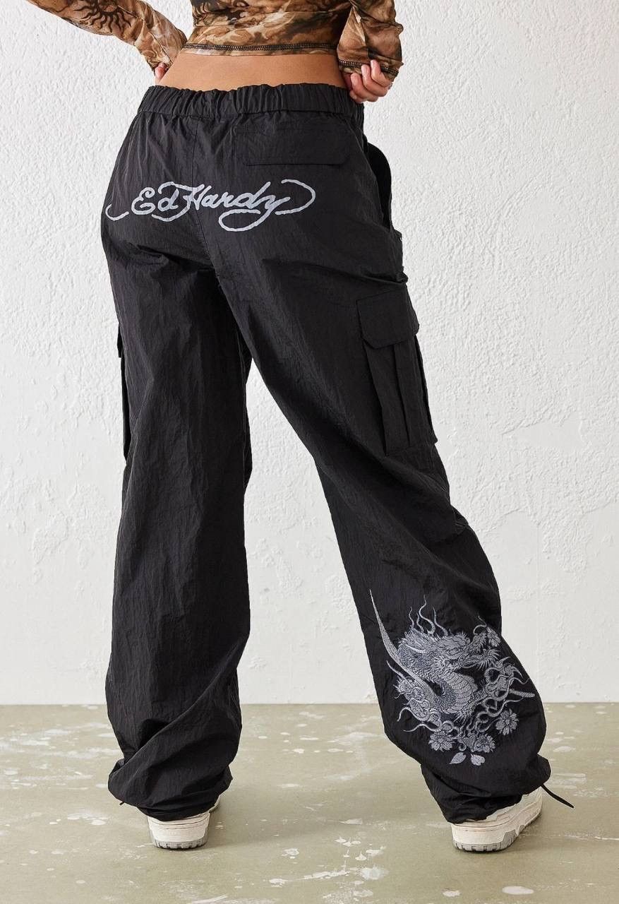 Ed Hardy Ed Hardy Black Nylon Dragon Embroidered Cargo Pants Size 32" / US 10 / IT 46 - 2 Thumbnail