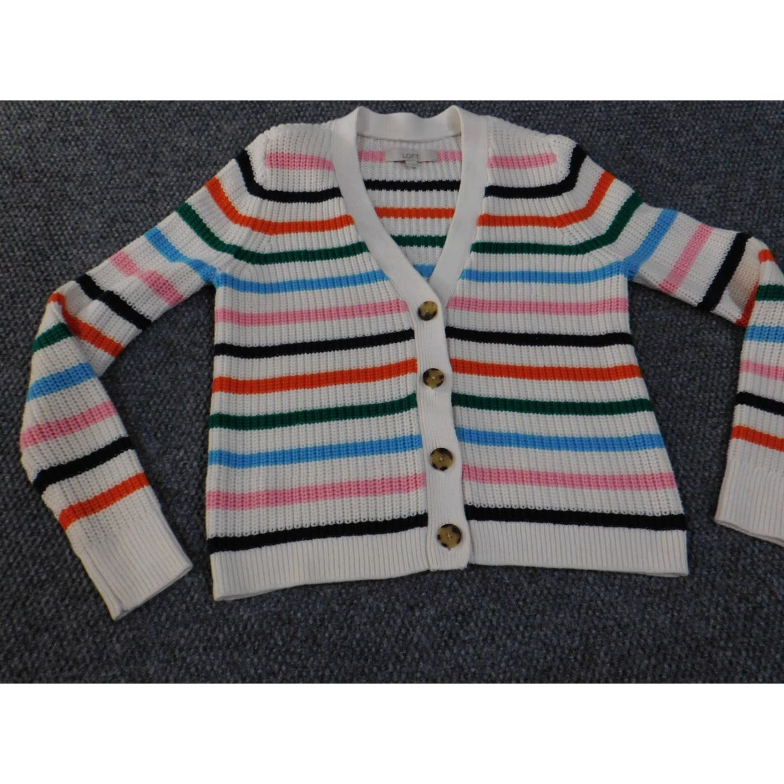 Loft LOFT Cardigan Sweater White Striped V-Neck Knit Long Sleeve M Regular Women Size M / US 6-8 / IT 42-44 - 3 Thumbnail