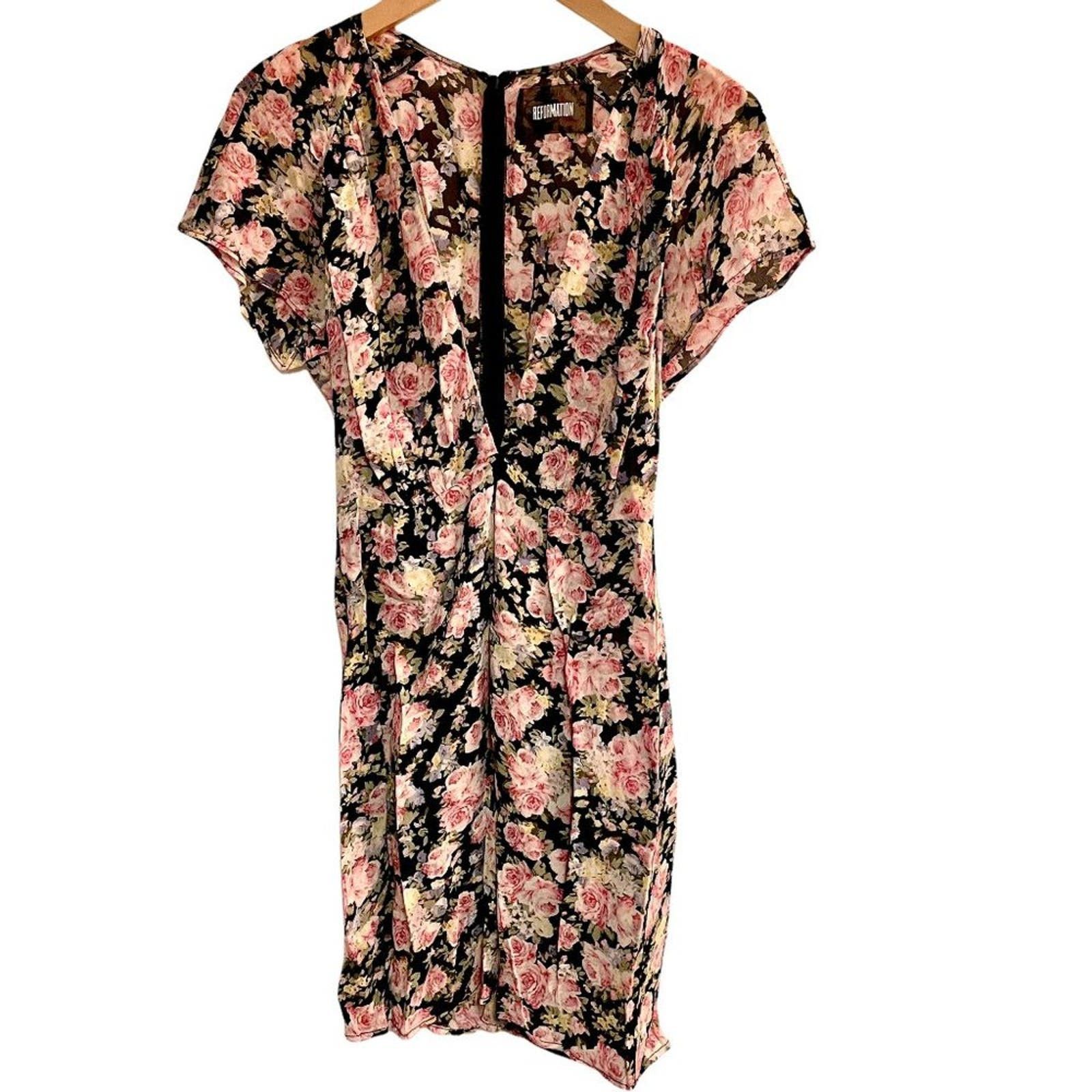 image of Reformation Plunging Floral Mini Dress in Black, Women's (Size XS)