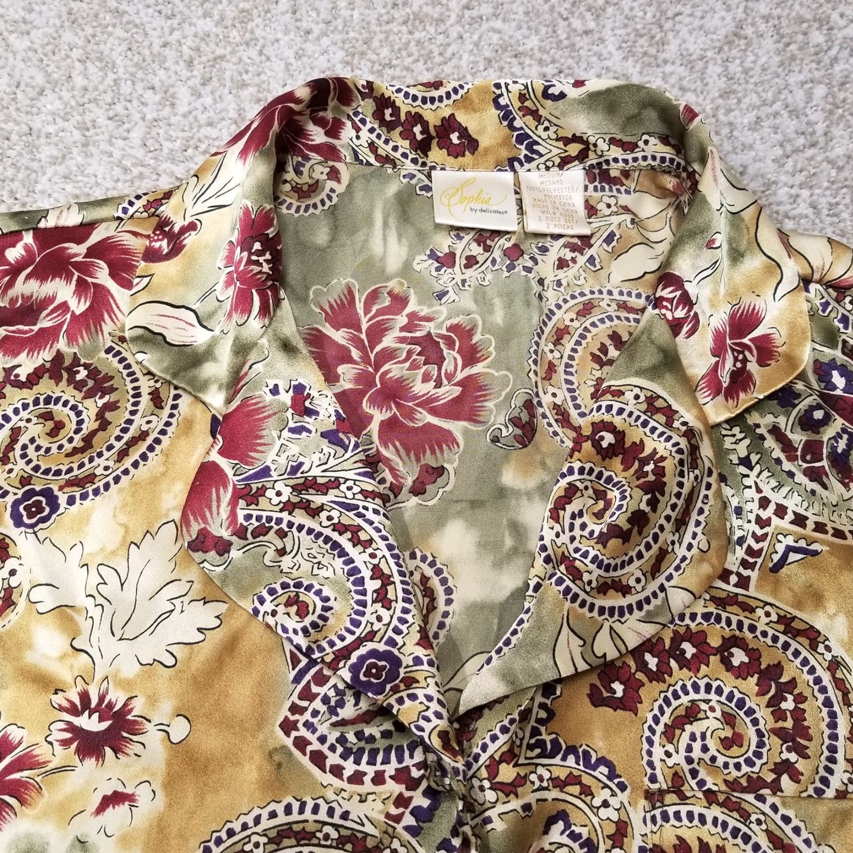 Vintage Sofia By Delicates Short Robe Pajama Top Women M Satin Polyester Paisley Floral Crew Neck Long Sleeve Red Gold Green 90s? Size M / US 6-8 / IT 42-44 - 3 Thumbnail