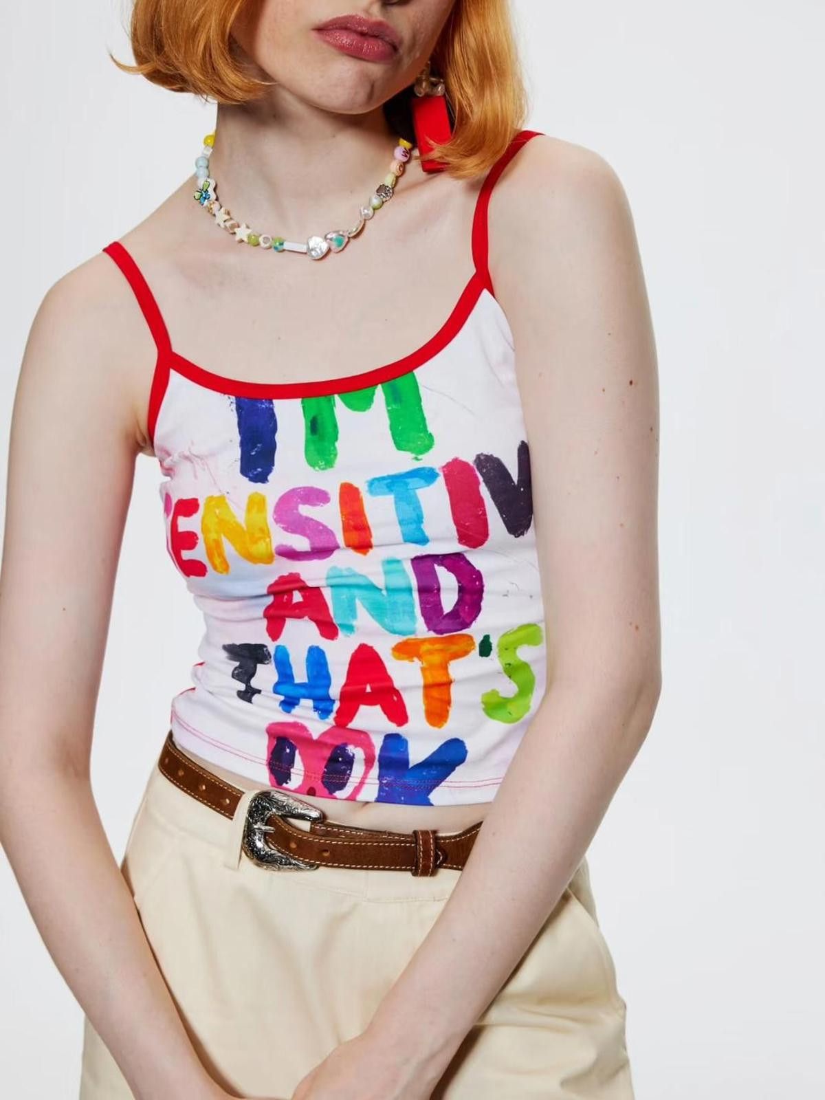 Japanese Brand Graphic "I'm Sensitive" Cami Top | Red Contrast Trim Size S / US 4 / IT 40 - 2 Thumbnail