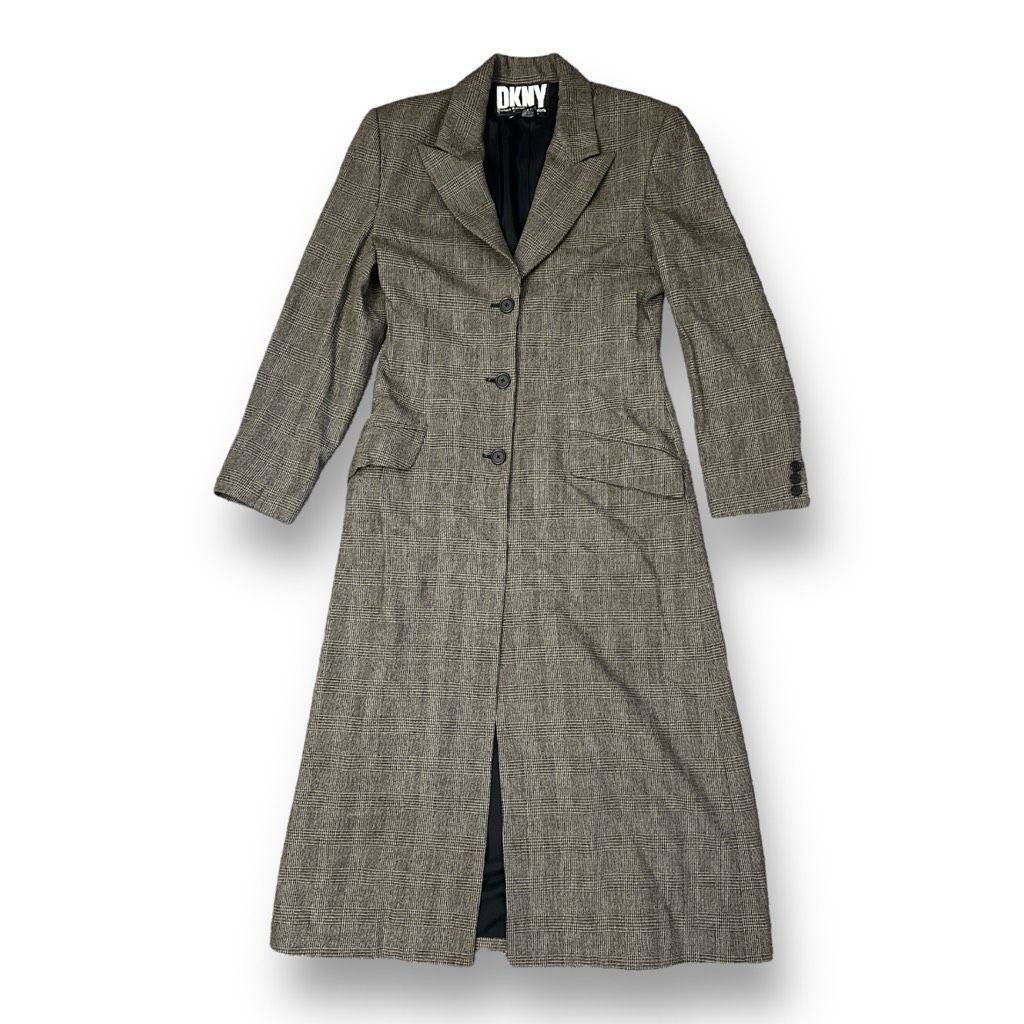 image of Dkny Vintage 100% Wool Plaid Lightweight Long Jacket Size 8 in Grey, Women's