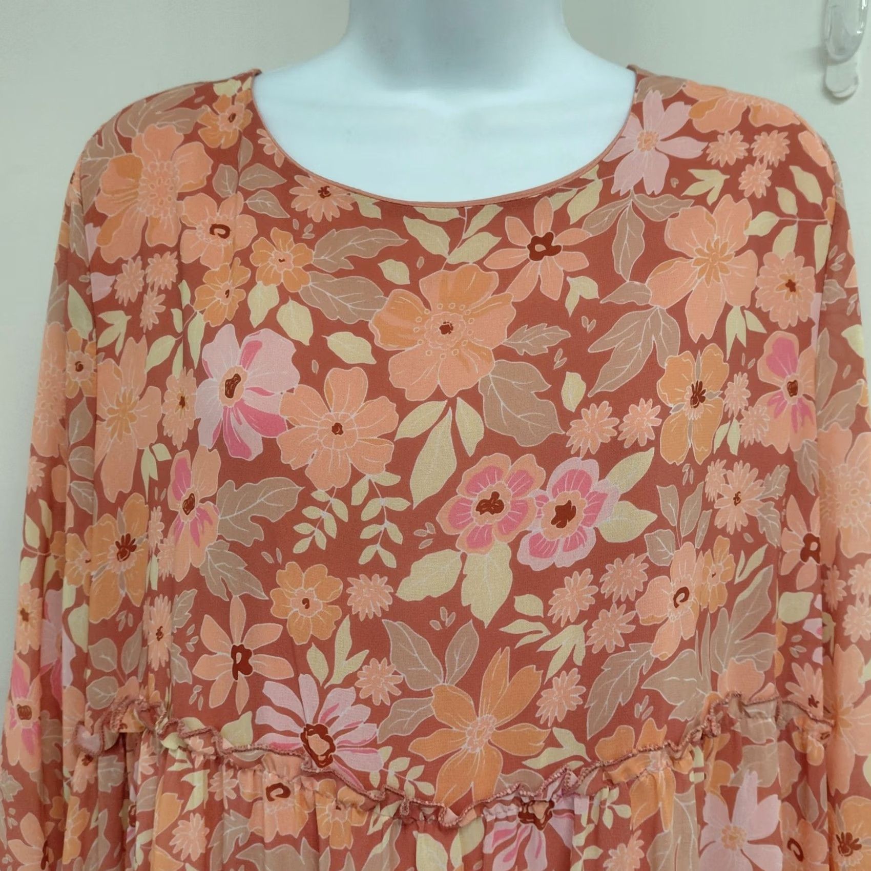 Vintage Peach Love California Dress Women L Peach Floral Long Sleeve Mini Lined Ballon Sleeve Blouson Party/Cocktail Wedding Sundress Short Size L / US 10 / IT 46 - 5 Thumbnail