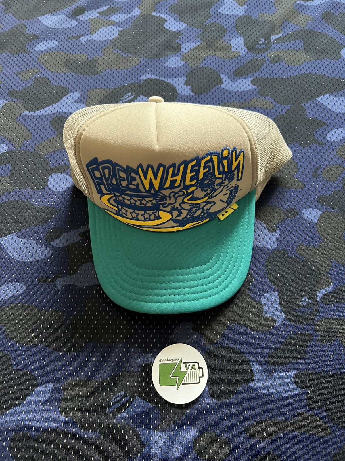 image of Authentic Kapital Free Wheelin Beige/turquoise Trucker Hat, Men's