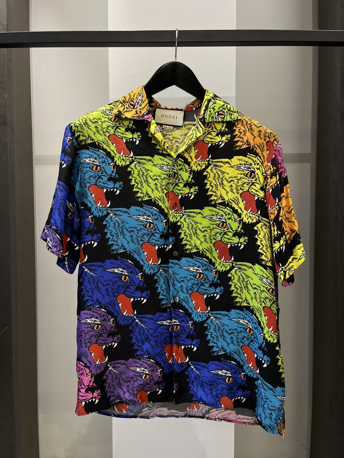 image of Gucci Silk Panther Face Button Up Short Sleeve Shirt, Men's (Size Small)