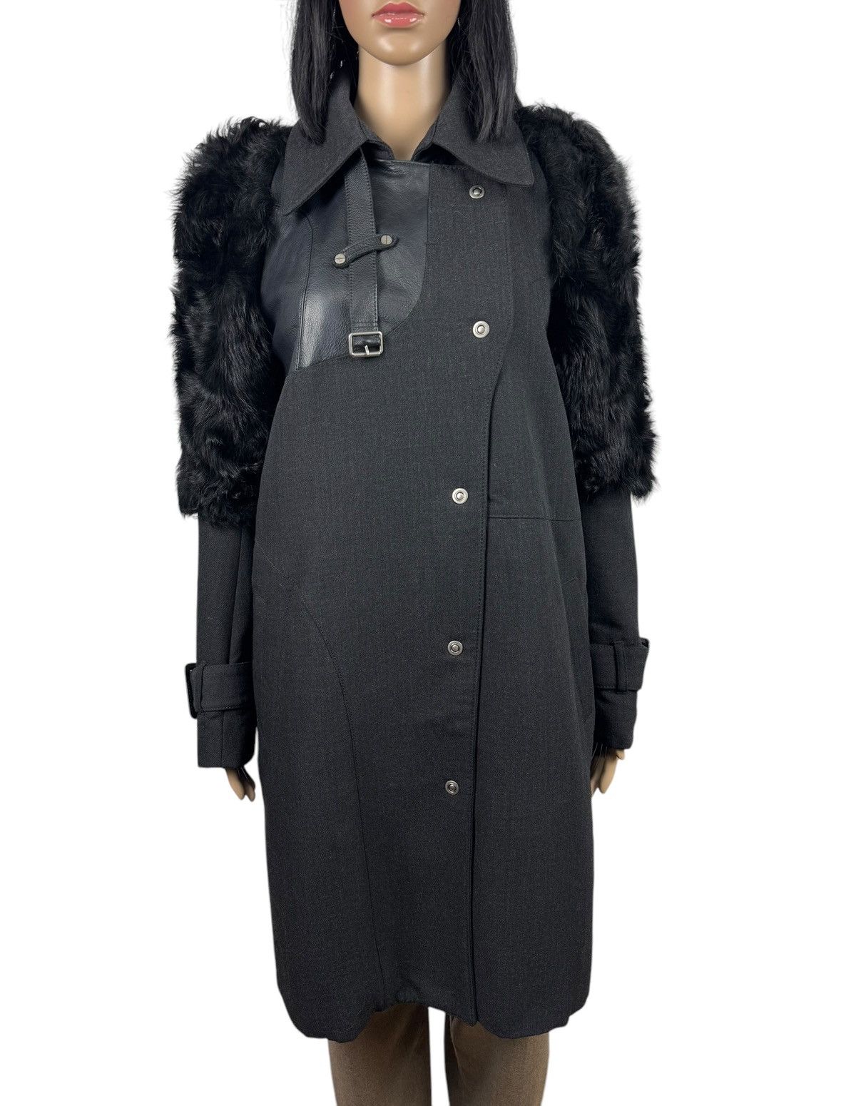 Designer Eudon Choi London Coat Wool-Leather & Real Fur Details UK10 Size M / US 6-8 / IT 42-44 - 3 Thumbnail