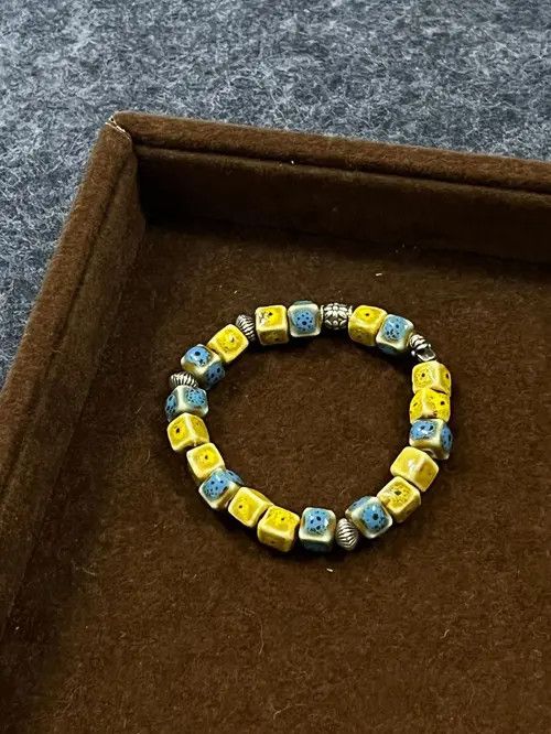Jewelry Yellow Blue Ceramic Beaded Bracelet, Handmade Beads Size ONE SIZE - 3 Thumbnail