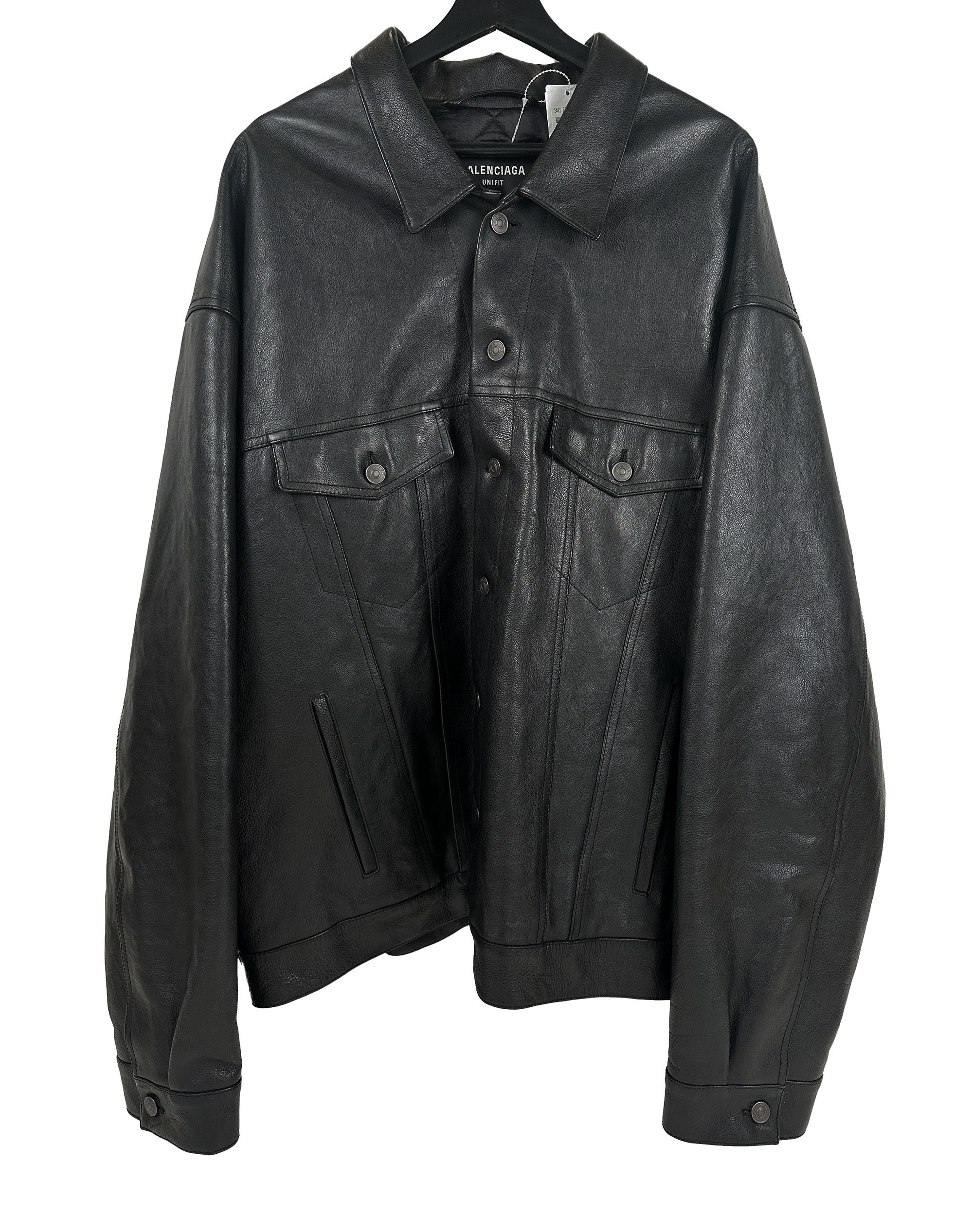 image of Balenciaga Leather Quilted Trucker Jacket Oversized Buffalo in Black, Men's (Size Small)