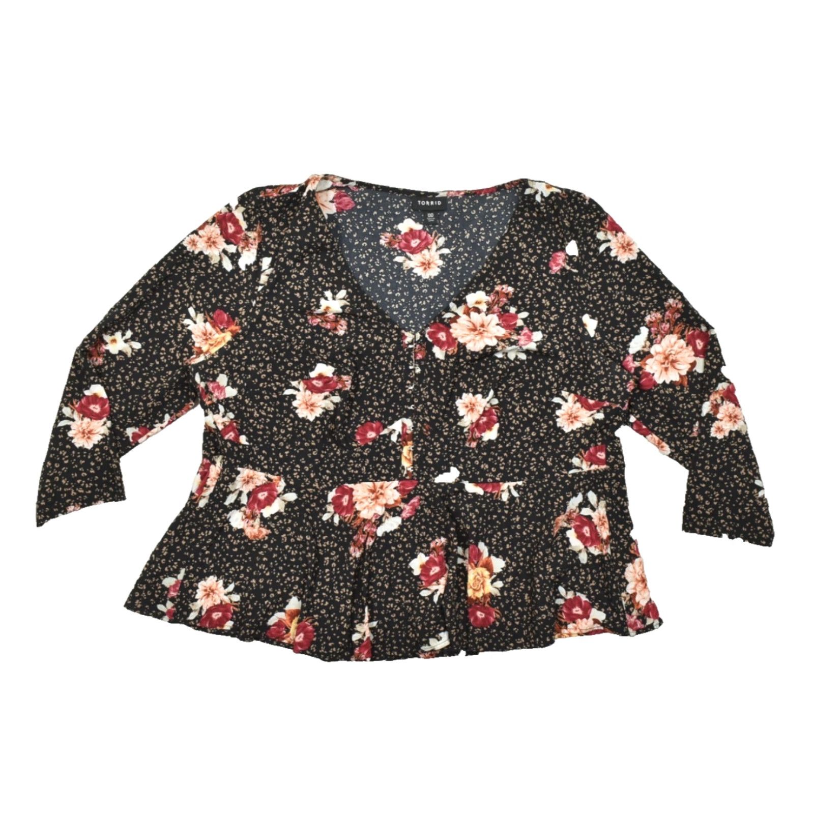 Torrid Torrid Blouse Black Floral Leopard Print 3/4 Sleeve V-Neck Hook & Eye Peplum Top 00 Women Plus Size Size XXS / US 00 / IT 34 - 2 Thumbnail