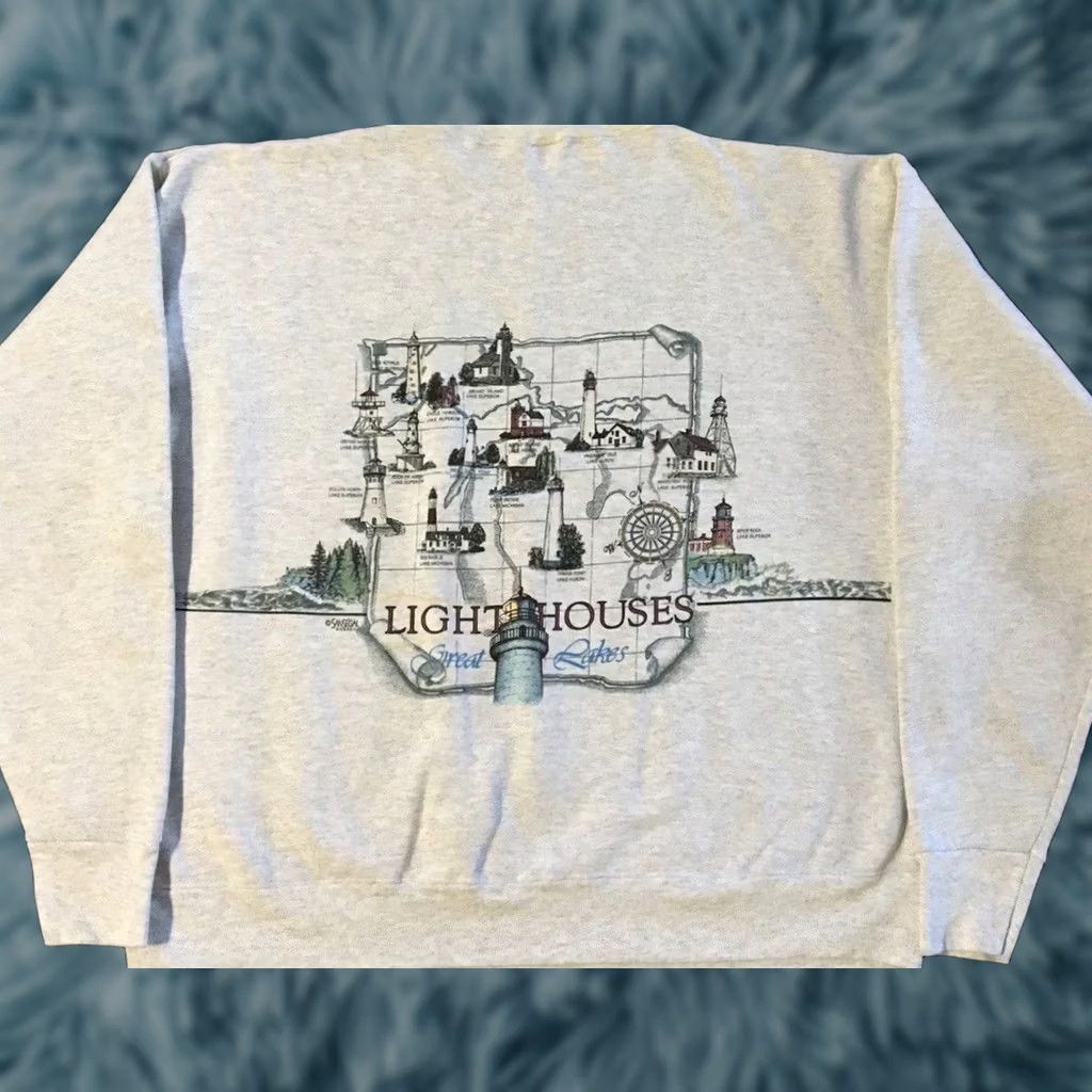 Nautica VINTAGE Michigan Lighthouse Faded All Over Print Sweatshirt XL Gray Pullover Men 90s Nautical Grunge Art Beach USA USA Size US XL / EU 56 / 4 - 1 Thumbnail
