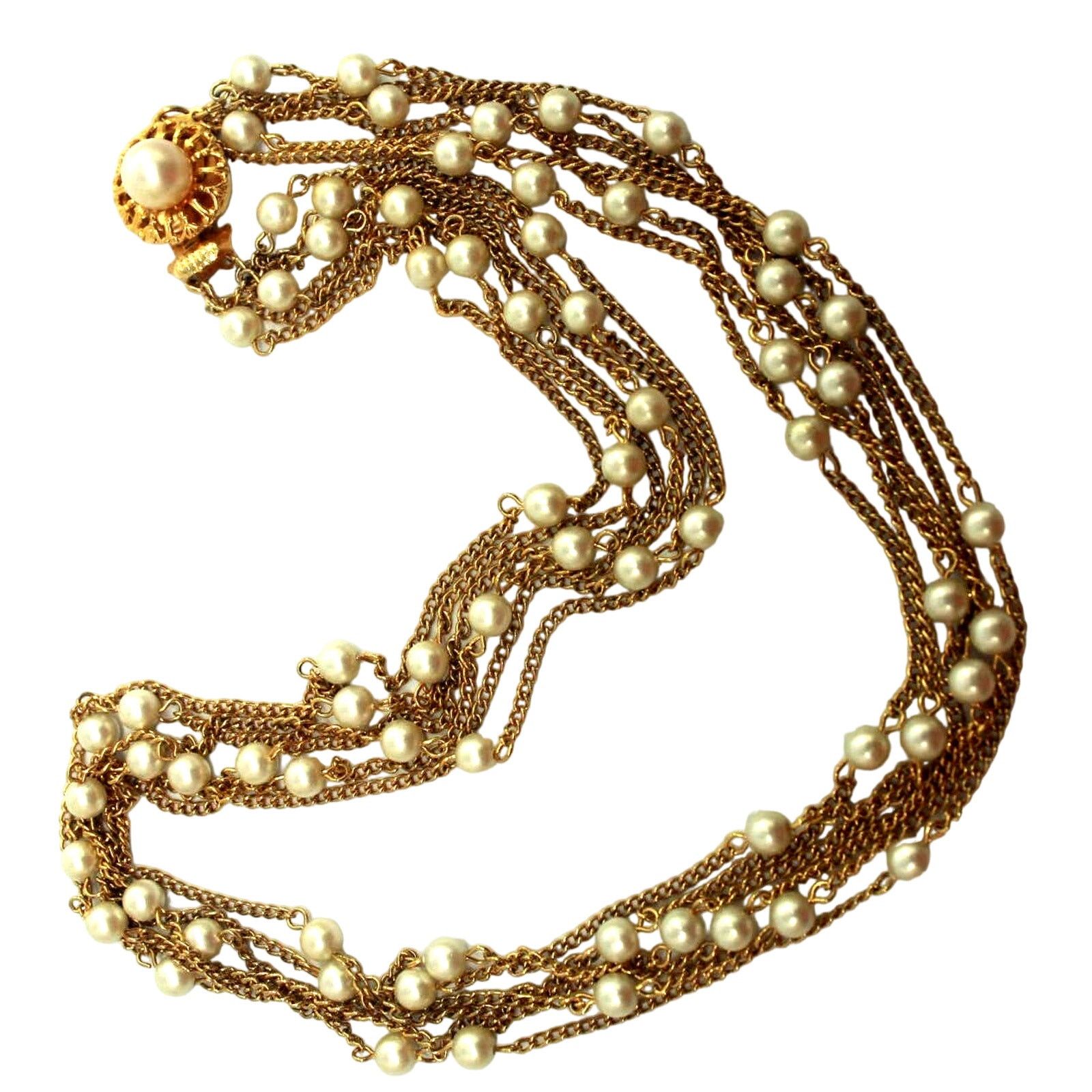 Other Six Chain Goldtone & Faux Pearl Necklace Rosette Clasp •23" Size ONE SIZE - 4 Thumbnail