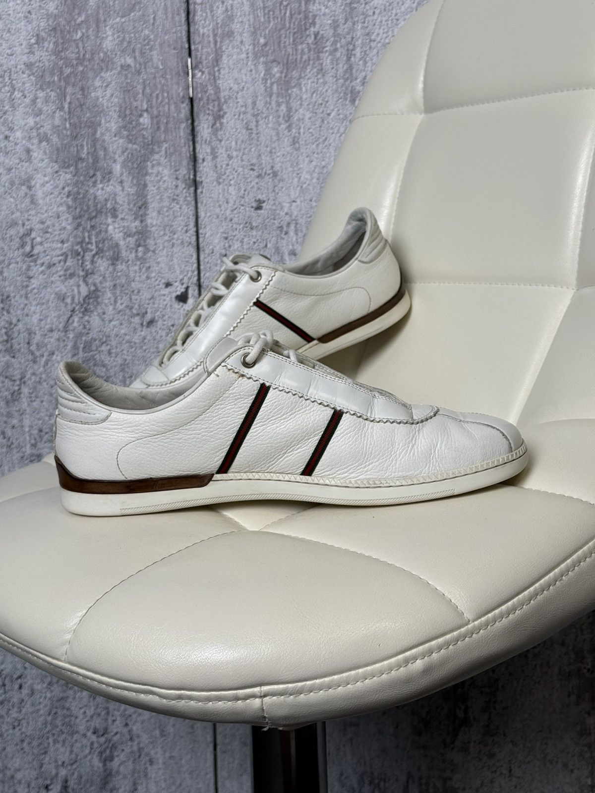Gucci Gucci White Leather Low Top Sneakers Web Stripe & GG Logo Size US 9 / EU 42 - 6 Thumbnail
