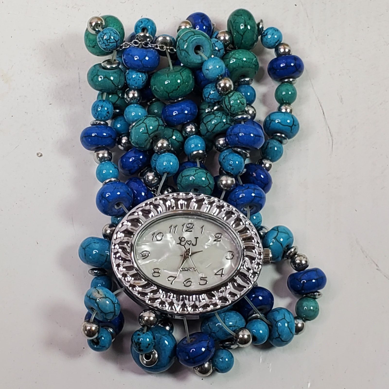 The Unbranded Brand L & J Beaded Wristwatch Multi Strand Blue Green Silver Tone Size ONE SIZE - 2 Thumbnail