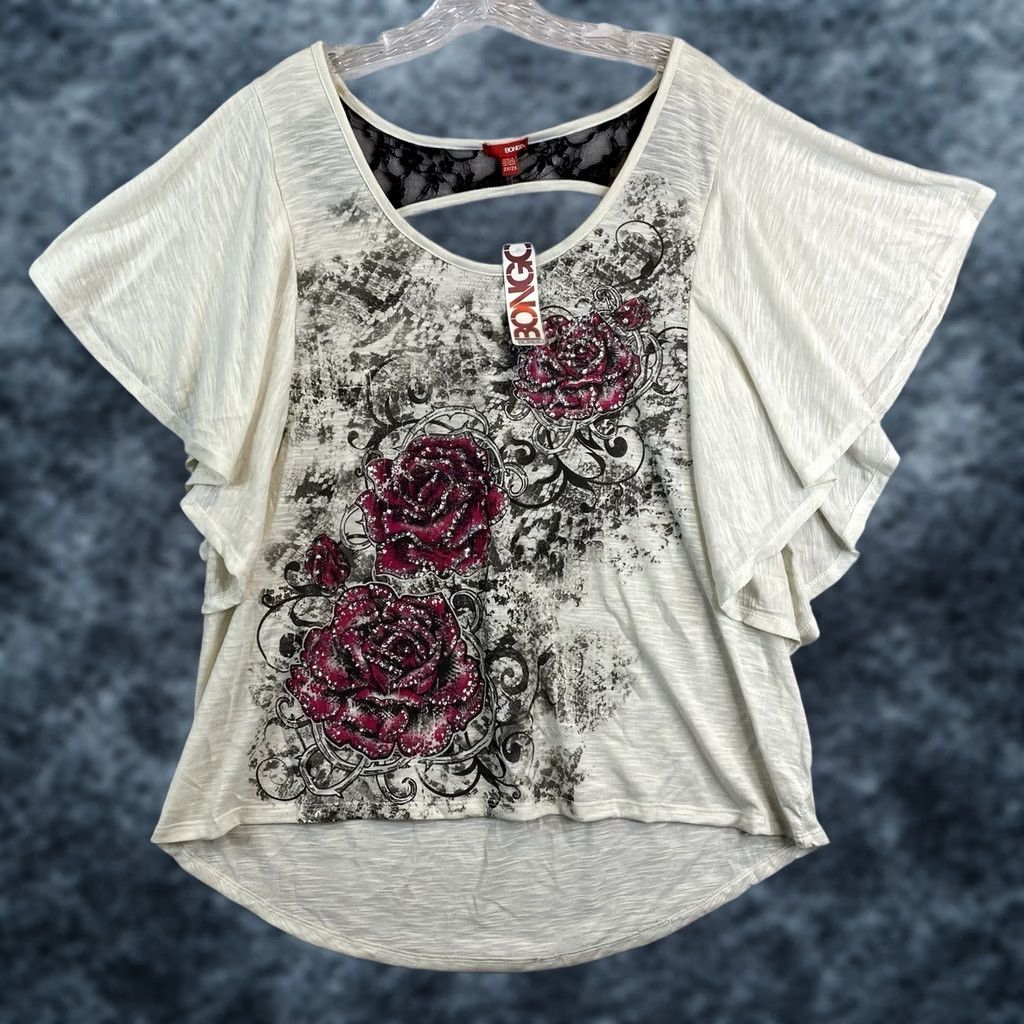 Vintage Bongo Blouse Shirt Womens 2X Floral Studded Bell Sleeve Open Back Lace Detail Sheer NWT Size XXL / US 16-18 / IT 52-54 - 1 Thumbnail