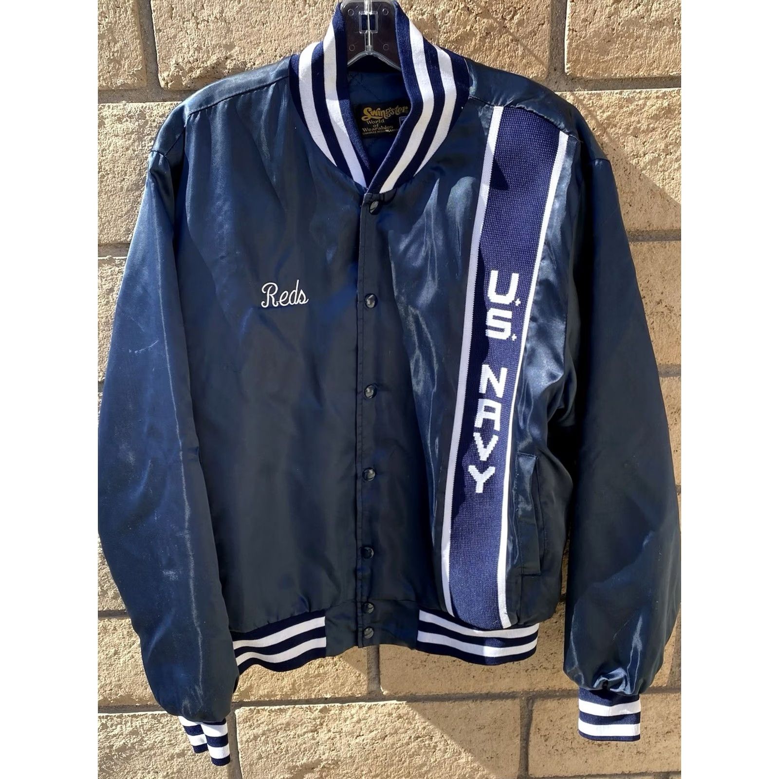 Vintage VINTAGE Swingster Jacket Mens L Red Satin Varsity Embroidered US Navy Reds VFW 9619 Snap Front Knit Ribbed Accent Size US L / EU 52-54 / 3 - 3 Thumbnail