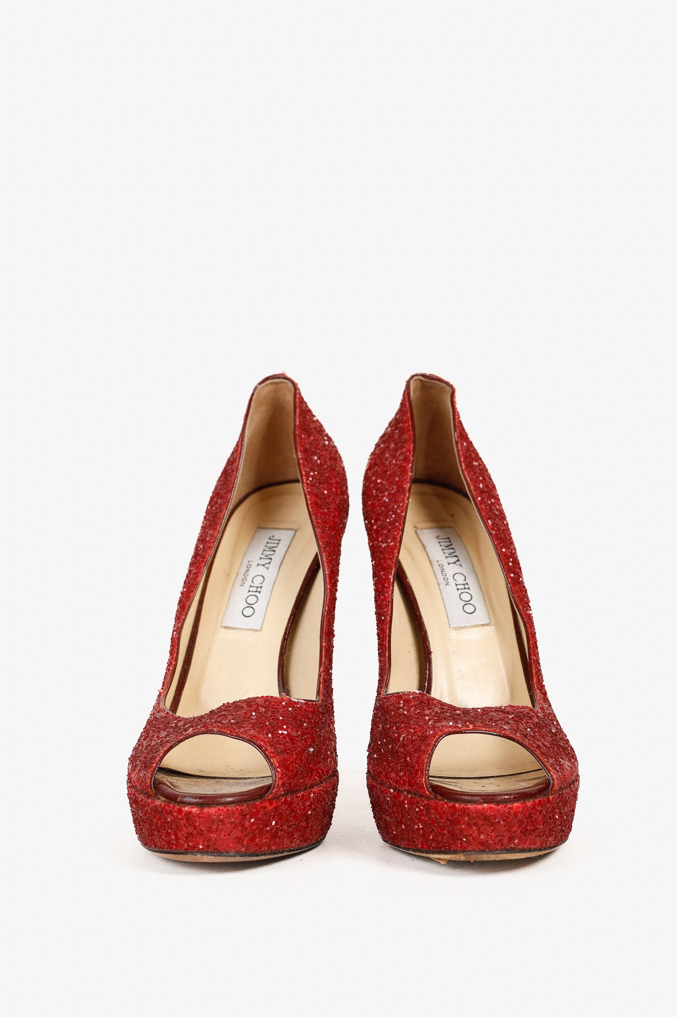 Jimmy Choo Jimmy Choo Crown Red Coarse Glitter Platform Pumps Size US 7 / IT 37 - 2 Thumbnail