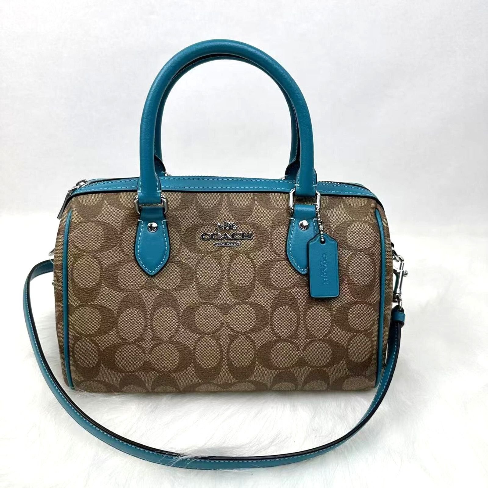 Coach Rowan Satchel Crossbody Bag Sig Canvas Khaki Teal NWT in Brown, Women's