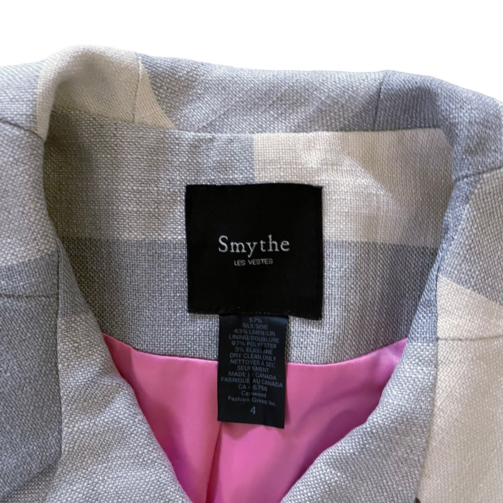 SMYTHE Smythe Light Gray Buffalo Check Cropped Silk Linen Jacket Size S / US 4 / IT 40 - 5 Thumbnail