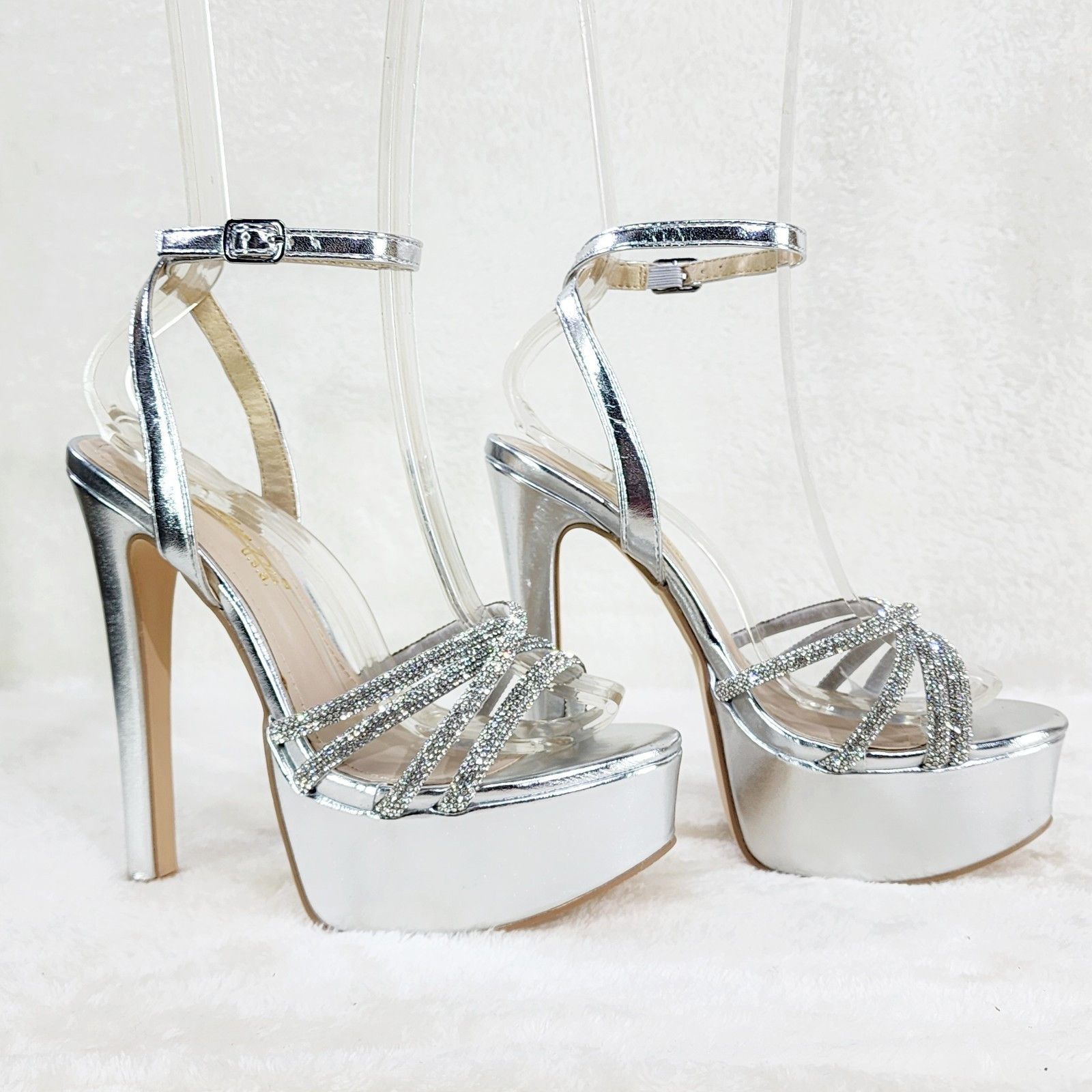 Other Silver Platform 6" High Heels Ankle Wrap Shoes Rhinestones Size US 8 / IT 38 - 3 Thumbnail