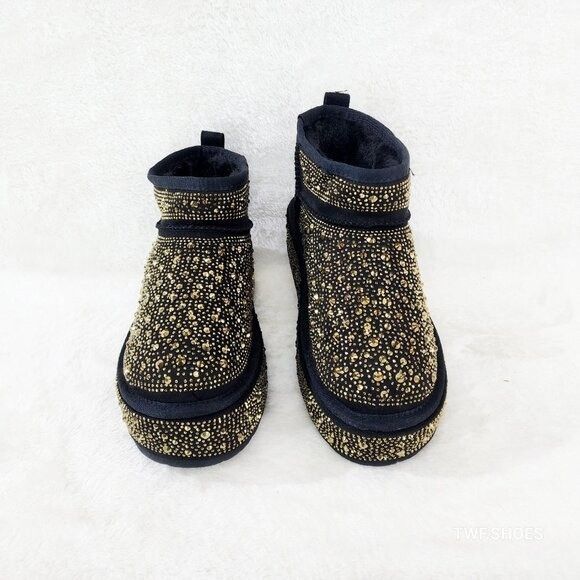Other Ego Flashy Platform Ankle Boots Black w/ Gold Rhinestones Size US 7.5 / IT 37.5 - 3 Thumbnail
