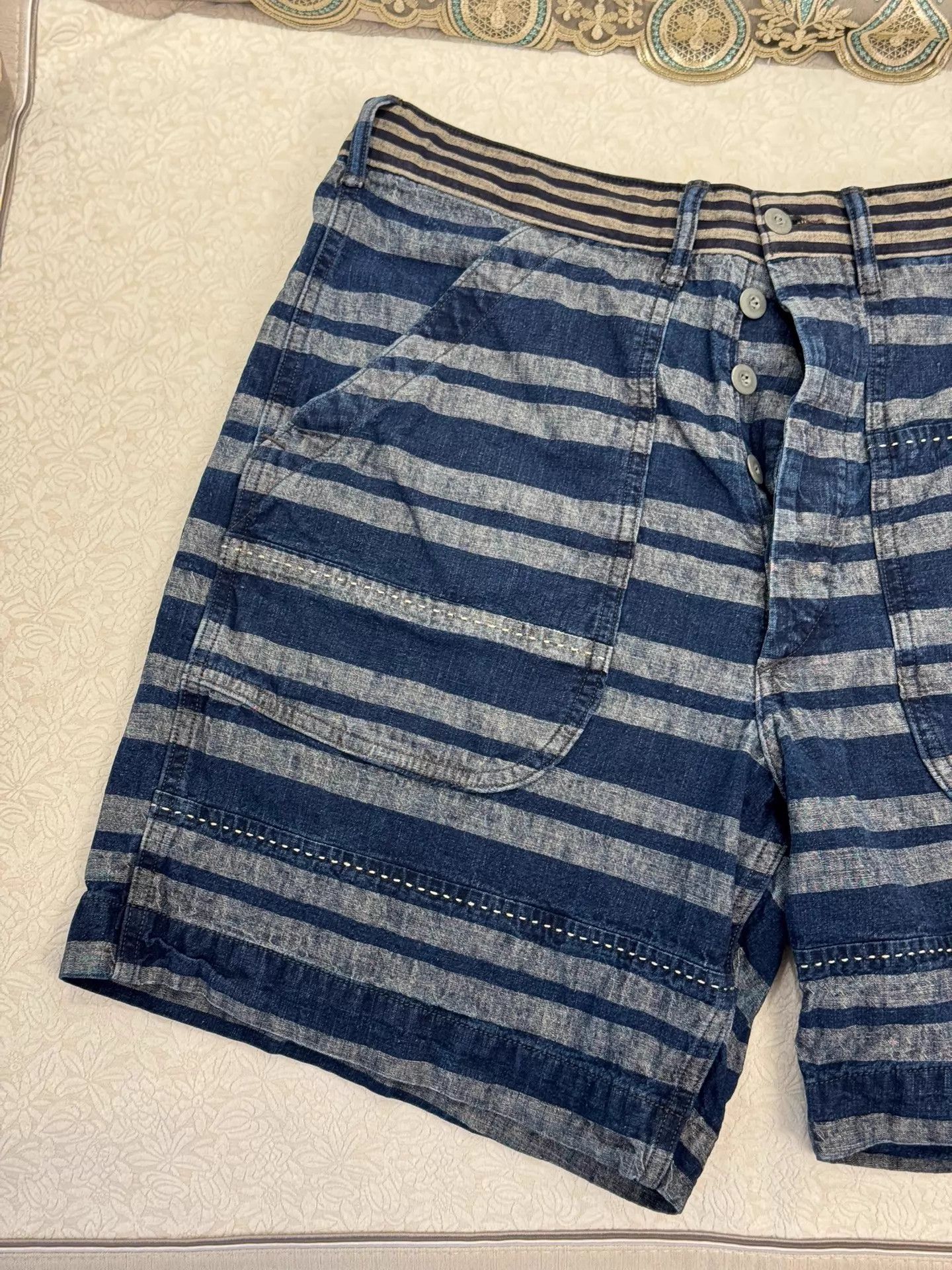 RRL Ralph Lauren DOUBLE RL Men's Indigo Striped Drawstring Button Shorts Size US 34 / EU 50 - 2 Thumbnail