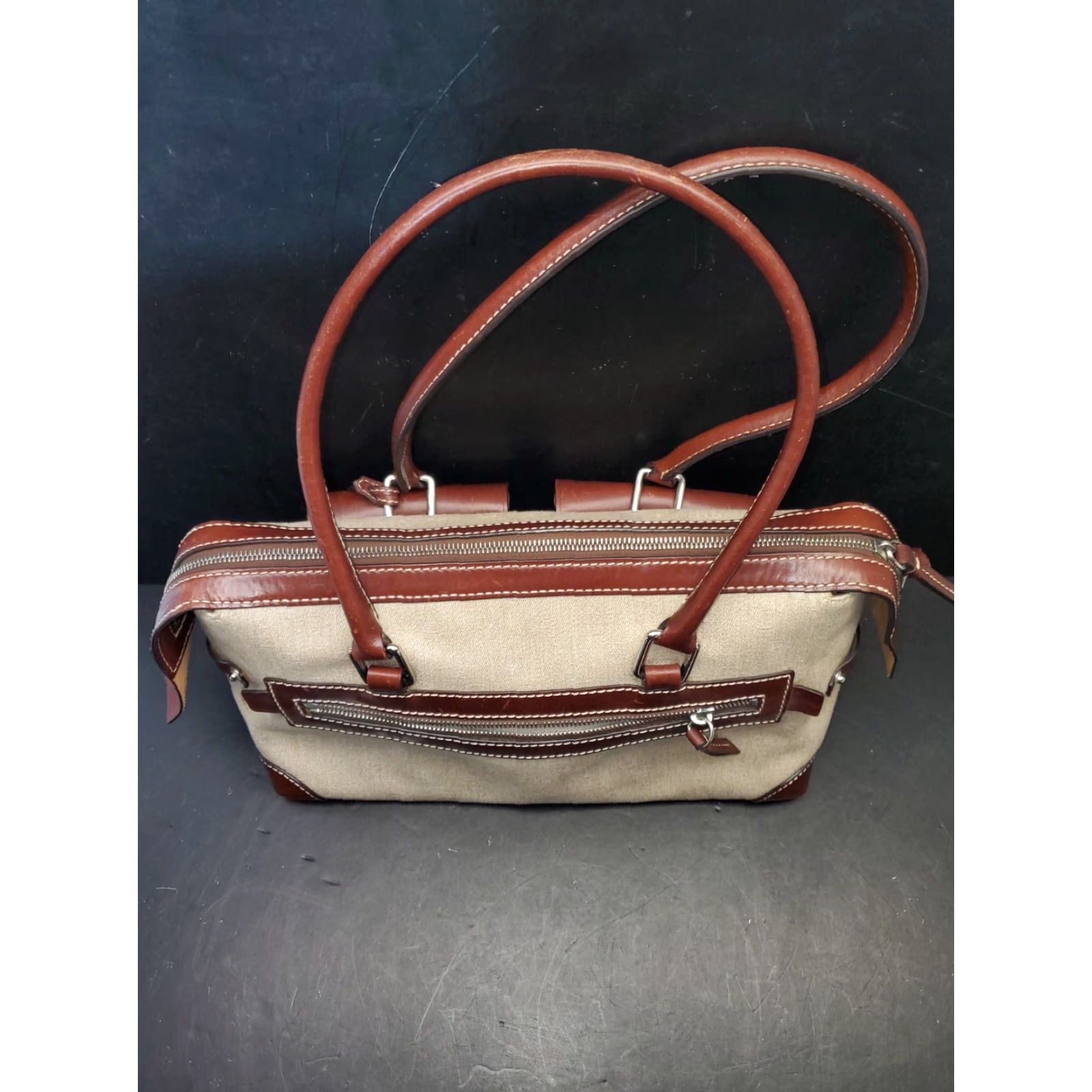 Dooney & Bourke VINTAGE Dooney & Bourke Anniversary Signature Double Pocket Tote Bag Satchel Logo Coin Canvas Leather Brown Beige 12x6x8 Bags Mens Womens Girls Boys Size ONE SIZE - 4 Thumbnail