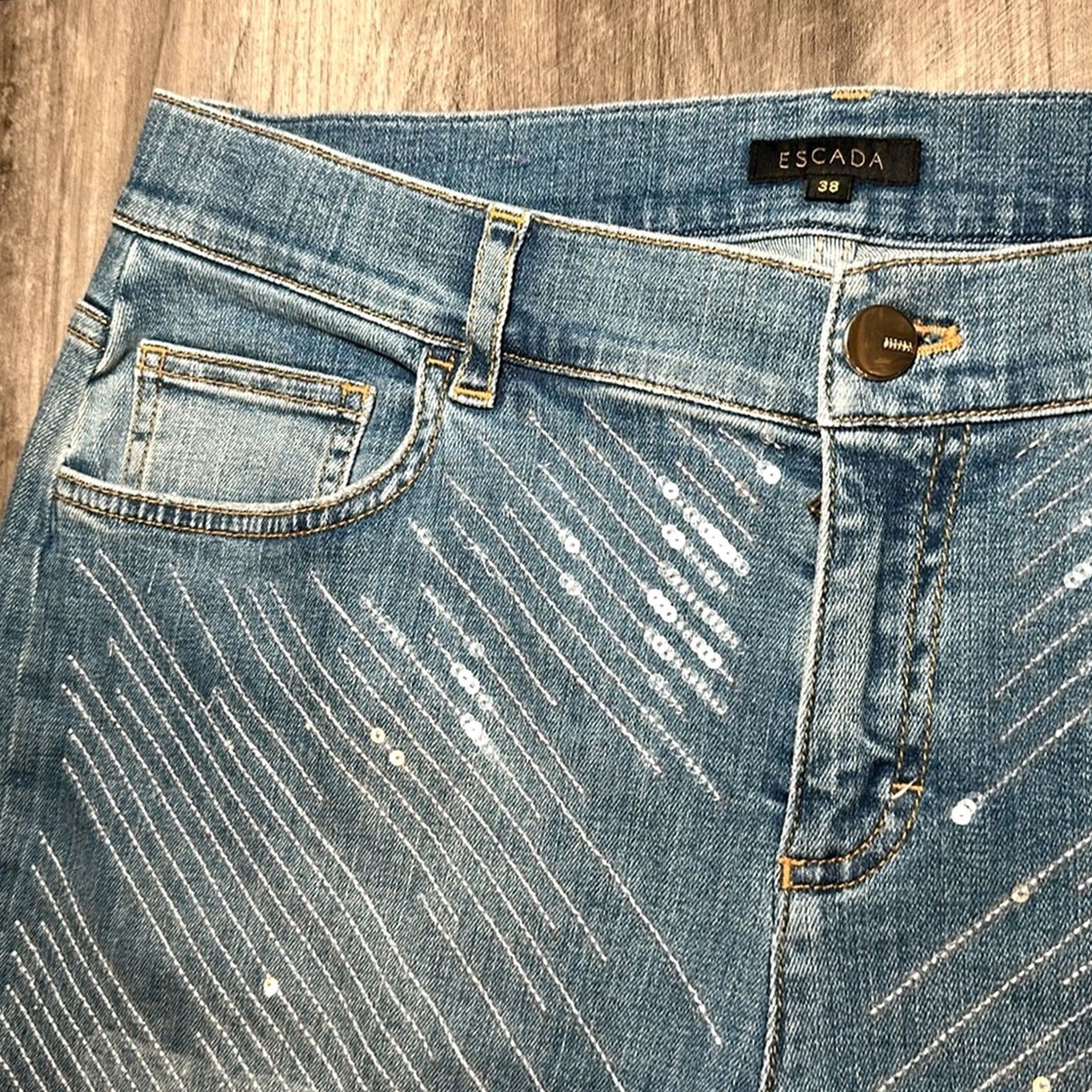 Escada ESCADA Jeans - 38 Women Sequined Blue Cotton Elastane Straight Regular 31 Inseam 27.5" 37.5" Rise 10" Leg Opening 7.5" Thigh 13" MS10568 Mens? Size 30" / US 8 / IT 44 - 6 Thumbnail